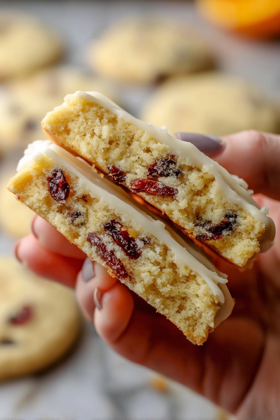Orange Cranberry Shortbread Cookies, orange cranberry cookies, zesty shortbread recipes, vegan shortbread cookies, holiday cookie recipes - A close-up view of a two-layer soft cookie held by a woman's hand, showing a light golden-brown, moist texture with embedded dark red dried fruit pieces throughout both layers. The cookie has a thin white icing coating on the outside, visible on the edges, with a slightly rough surface. The background is softly blurred with similar cookies lying flat on a white marbled surface, emphasizing the focus on the held cookie. The warm lighting enhances the soft and crumbly look of the cookie layers. photo taken with an iphone --ar 2:3 --v 7