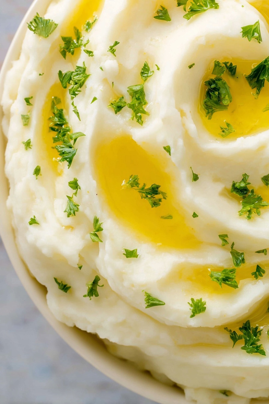 Best Mashed Potatoes, Creamy Mashed Potatoes, Fluffy Mashed Potatoes, Buttery Mashed Potatoes, Easy Mashed Potatoes - A close-up view of smooth, creamy mashed potatoes with deep swirls and furrows on the surface, each holding melted yellow butter that glistens. Small, bright green pieces of chopped parsley are scattered on top of the mashed potatoes, adding a fresh touch. The dish is served in a white bowl, partially visible at the bottom edge, set against a white marbled texture background. photo taken with an iphone --ar 2:3 --v 7