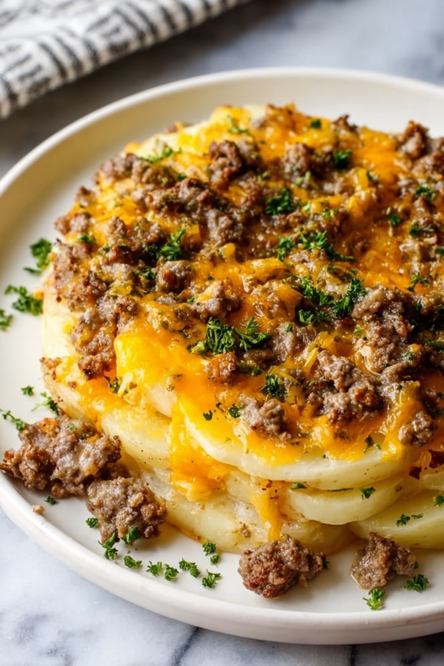 Hobo Casserole, hearty casserole recipe, easy dinner idea, comfort food casserole, ground beef potato bake - The dish shows two thick layers of sliced potatoes that are pale yellow with smooth, slightly soft texture as the base and middle layer. On top of the potatoes, there are small pieces of browned cooked ground meat with a crumbly texture, spread evenly across the surface. Melted cheddar cheese slices cover parts of the potatoes and meat, in a bright orange-yellow color with a smooth, shiny surface. The dish is garnished with small pieces of green parsley sprinkled on top, giving a fresh touch. The food is served on a white plate placed on a white marbled surface. photo taken with an iphone --ar 2:3 --v 7