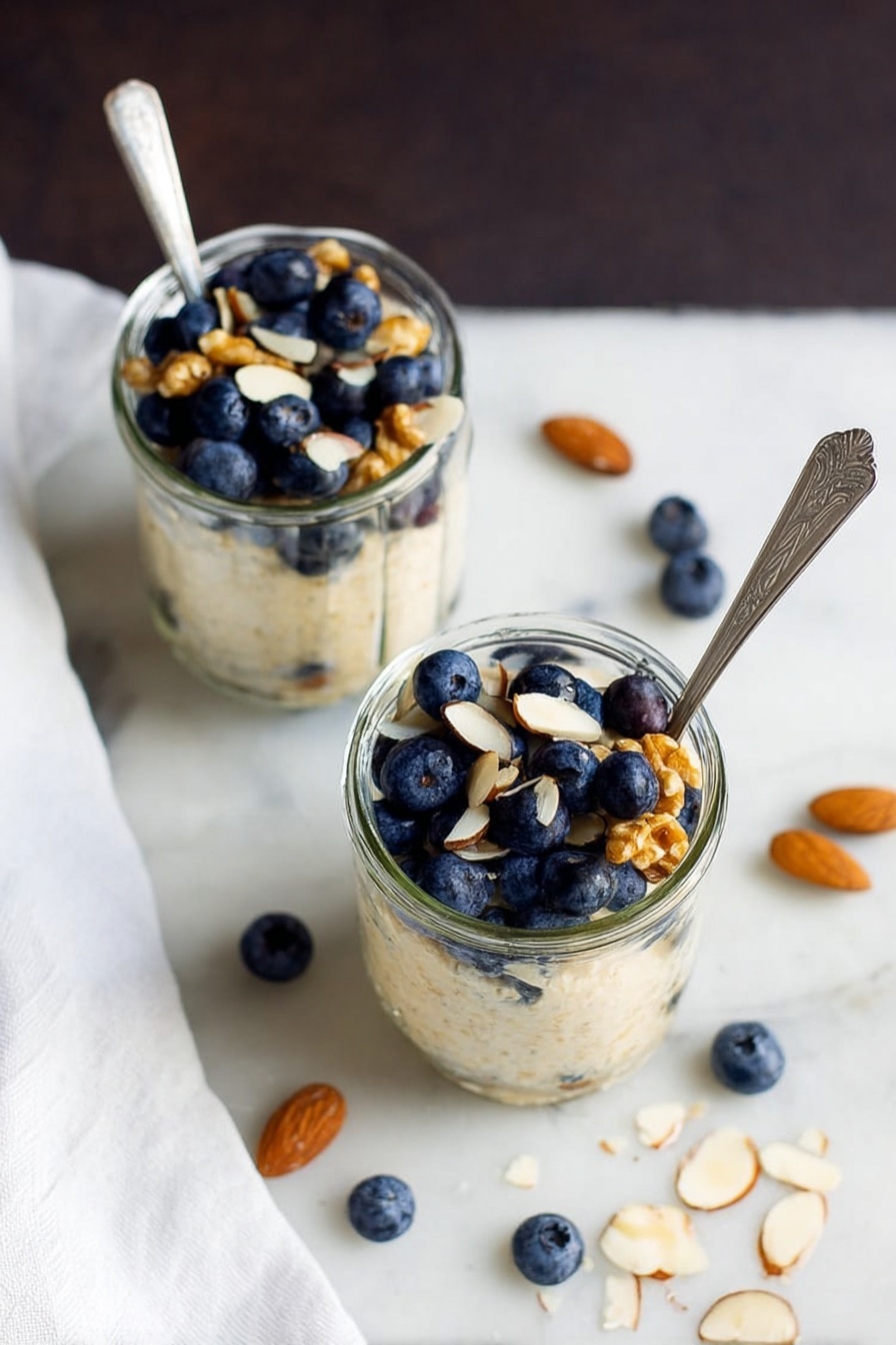 Simple Vegan Overnight Oats, vegan overnight oats, healthy breakfast ideas, quick vegan breakfast, customizable overnight oats - Two clear glass jars with three visible layers each sit on a white marbled surface. The bottom layer is a light beige creamy oatmeal, topped with a layer of sliced almonds scattered evenly. The top layer consists of fresh deep blue blueberries and small golden walnut pieces arranged loosely on top. One jar has a silver spoon resting inside it, and a few almond slices are scattered near the jars. A white cloth is partially visible in the corner. Photo taken with an iphone --ar 2:3 --v 7