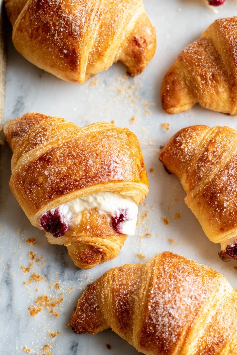 Cranberry Cheesecake Rolls, Cranberry Cheesecake Rolls recipe, easy cranberry dessert, holiday pastry recipes, creamy cranberry pastries - The image shows five golden brown crescent rolls on a white marbled surface, each roll featuring a flaky, crispy outer layer with a sprinkles of white sugar on top. Inside, visible in some rolls, is a creamy white filling with a deep red fruit, possibly cherry or berry, peeking out. The rolls have a textured, slightly uneven crust from baking, creating a cozy homemade look. The white marbled surface has some crumbs and sugar scattered around, adding to the casual and fresh feel of the scene. photo taken with an iphone --ar 2:3 --v 7