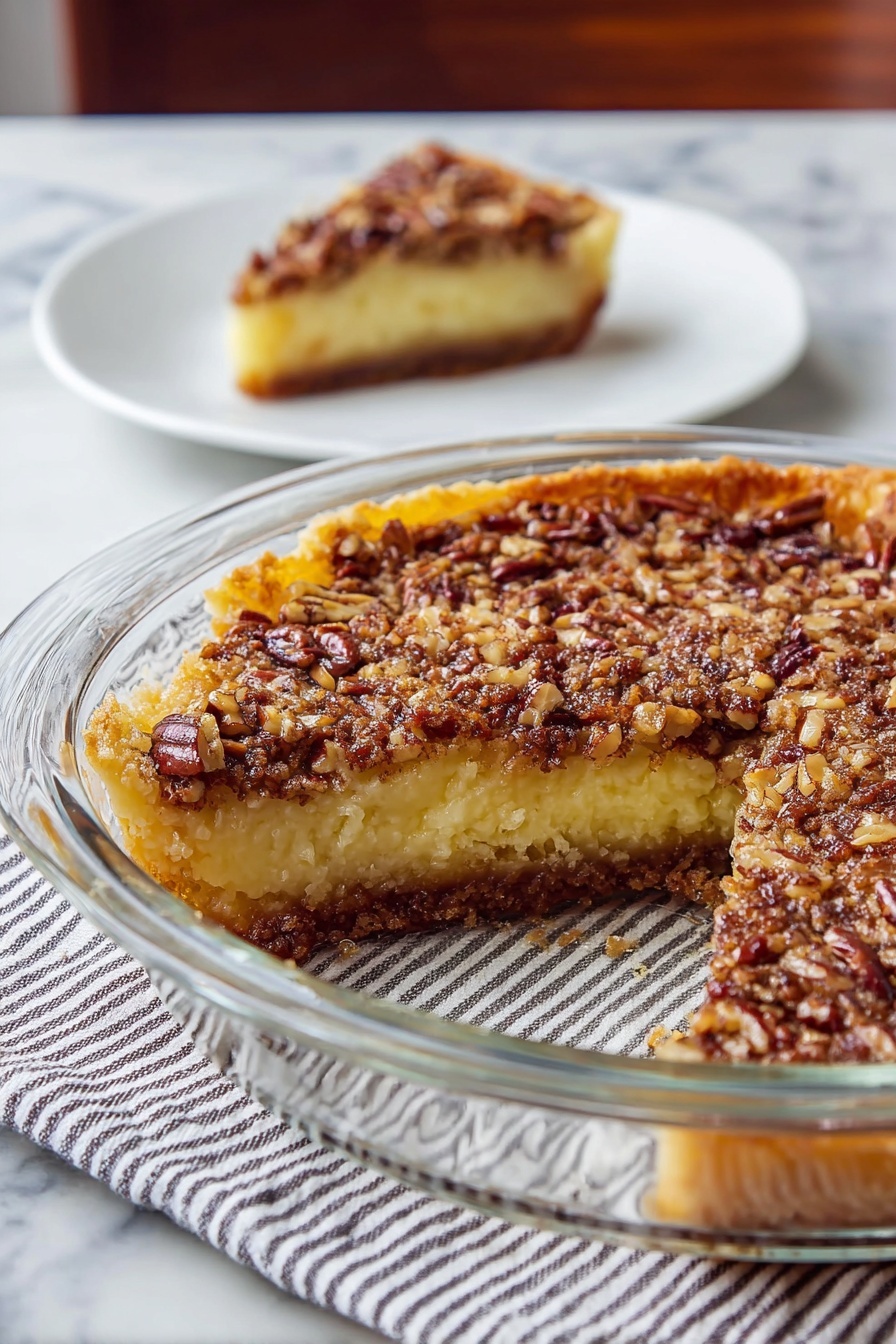 Colonial Innkeeper's Pie, layered chocolate pie, nostalgic dessert recipes, pecan dessert, comforting pie recipes - A pie with three clear layers is shown: the bottom is a dark brown crust, the middle is a thick, light yellow cake layer with soft texture, and the top is a crunchy, nutty layer with chopped pecans in brown and golden shades. A slice of the pie is placed on a white plate in the background, showing the same layers. The pie is inside a clear glass dish sitting on a striped cloth with a white marbled surface underneath. Photo taken with an iphone --ar 2:3 --v 7