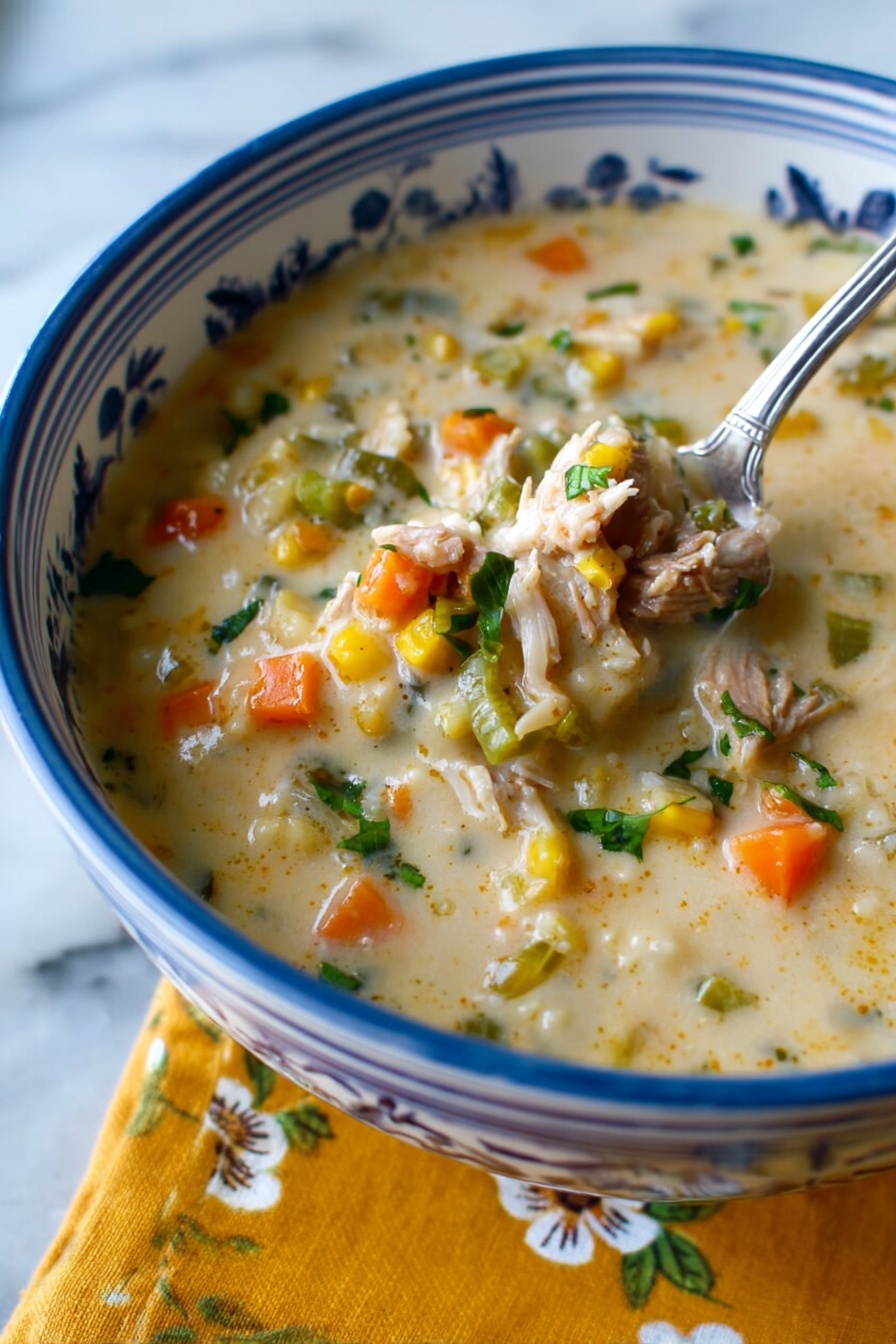 Lemon Chicken & Spaetzle Soup, Lemon Chicken Soup with Spaetzle, Bright Lemon Chicken Noodle Soup, Comforting Chicken Spaetzle Recipe, Fresh Lemon Chicken Broth Soup - The image shows a close-up of a white bowl with blue designs filled with a thick soup that has a creamy light beige base. The soup includes small soft pieces of orange carrot, light green celery, green herbs, and shredded light-colored meat mixed throughout. A metal spoon is partially inside the bowl on the right side, lifting some soup. The bowl is placed on a white marbled surface with a yellow cloth with a floral pattern next to it. Photo taken with an iphone --ar 2:3 --v 7