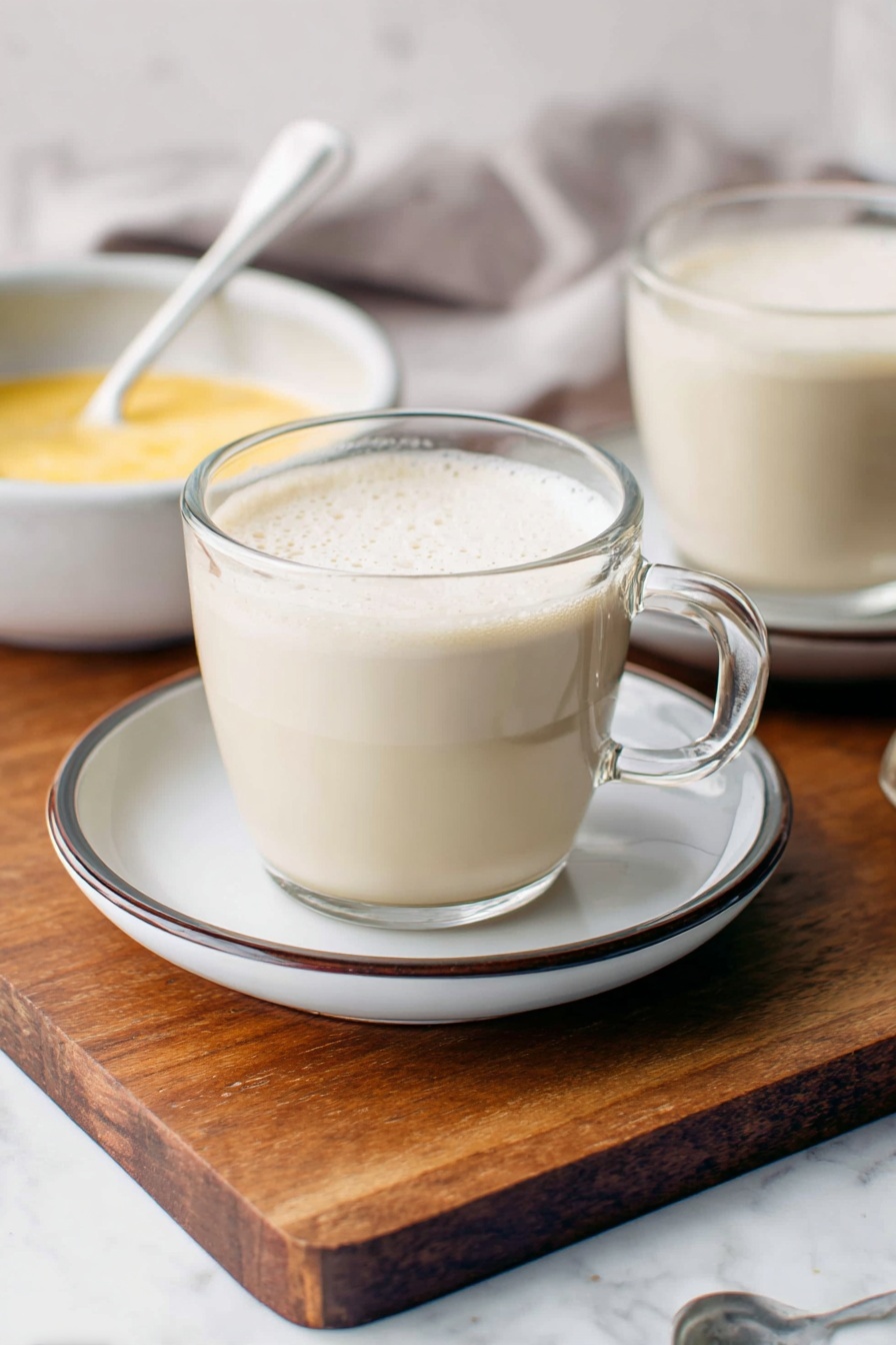 Vegan White Hot Chocolate, dairy-free white hot chocolate, plant-based hot chocolate recipe, vegan winter drinks, creamy vegan hot chocolate - A clear glass cup filled with light beige frothy milk tea sits on a white saucer with a thin dark rim, resting on a wooden board. The cup has a clear handle on the right side. In the background, there is another similar cup and a bowl with a creamy yellow substance, along with a metal spoon placed inside it. The surface beneath the wooden board is a white marble texture. photo taken with an iphone --ar 2:3 --v 7