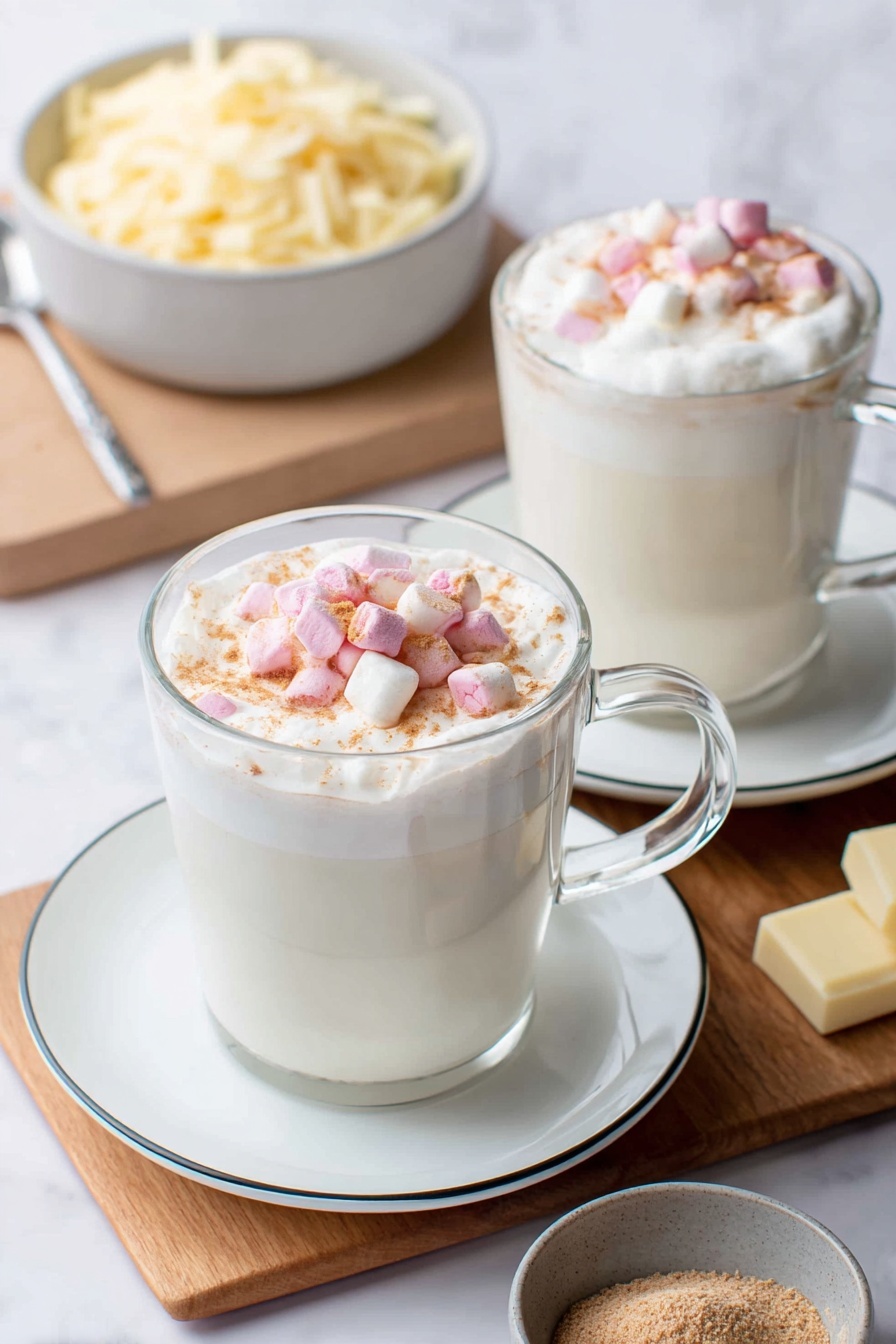 Vegan White Hot Chocolate, dairy-free white hot chocolate, plant-based hot chocolate recipe, vegan winter drinks, creamy vegan hot chocolate - There are two clear glass mugs filled with white creamy hot drinks, each topped with a thick layer of white foam. On top of the foam, there is a mix of small pink and white marshmallows, with a light dusting of brown powder. Each mug sits on a white plate with a thin black rim. In the background, on a wooden board, there is a white bowl filled with shredded light yellow chocolate and a silver spoon resting inside. Next to it is a small gray bowl containing a fine light brown powder, and a piece of white chocolate nearby. The whole scene is set on a white marbled surface. Photo taken with an iphone --ar 2:3 --v 7