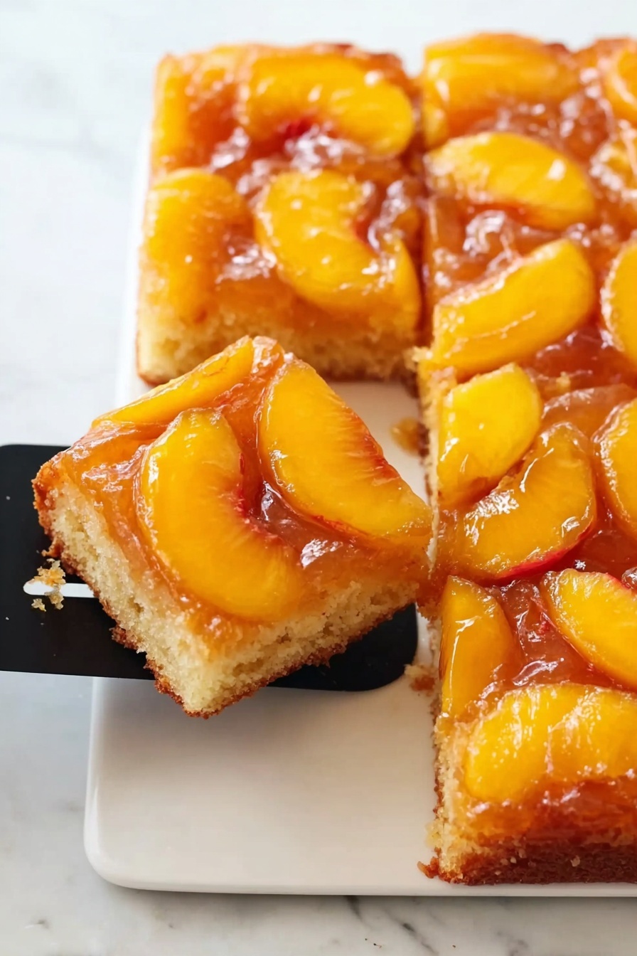 Peach Upside-Down Cake, Peach Caramel Cake, Upside-Down Peach Dessert, Juicy Peach Cake, Easy Peach Cake Recipe - The image shows a square peach tart with a single thin crust layer, topped with many peach slices arranged in overlapping rows, each peach slice having a yellow and orange color with soft texture. Thick white cream or icing is drizzled diagonally over the peaches in wide stripes. Fresh green mint leaves are scattered mostly in the center on top of the cream, adding a bright contrast. The tart is placed on a white marbled surface surrounded by three whole peaches with fuzzy skin and several green leafy sprigs. Photo taken with an iphone --ar 2:3 --v 7