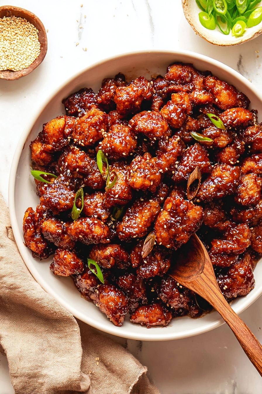 Sticky Honey Lemon Chicken, honey lemon chicken, crispy chicken with honey lemon glaze, quick asian chicken recipes, flavorful chicken dishes - A white bowl filled with many small pieces of dark brown fried chicken coated in a shiny, sticky sauce. The chicken pieces look crispy with a rich glaze that makes them glossy. A wooden spoon rests inside the bowl, partially covered by chicken pieces. Around the bowl, there are small dishes with sliced green onions and sesame seeds on a white marbled surface. A light brown cloth napkin is placed near the bowl. Photo taken with an iphone --ar 2:3 --v 7