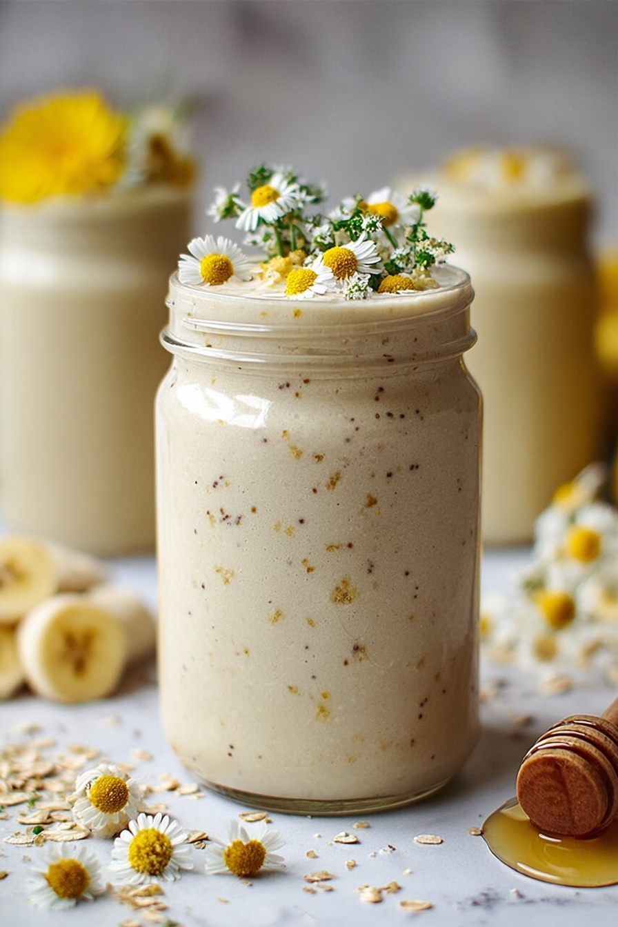 Banana Chamomile Tea Smoothie, soothing smoothie recipes, healthy banana smoothies, floral tea smoothies, relaxing breakfast drinks - A clear glass jar filled with a creamy, light beige smoothie, with small granola pieces mixed inside. The top layer is decorated with three banana slices, each with a small yellow flower on top, and a sprinkle of granola around the banana slices. The jar is set on a white marbled surface, with blurred daisy-like flowers and another jar in the light background. photo taken with an iphone --ar 2:3 --v 7