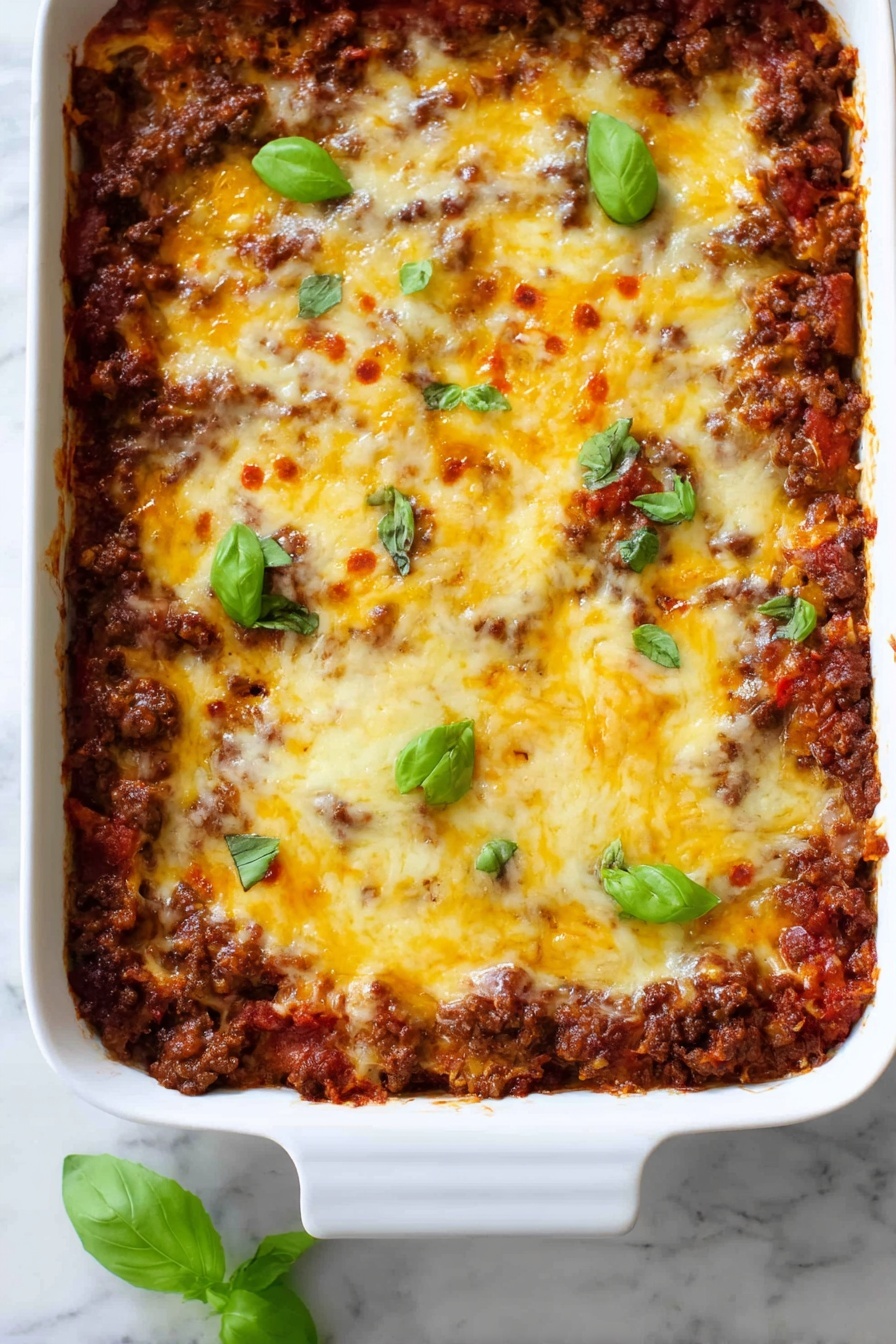 Cheesy Zucchini Pizza Casserole, zucchini casserole with cheese, homemade pizza casserole, cheesy vegetable bake, easy zucchini recipe - The image shows a white rectangular baking dish filled with a layered casserole. The top layer is golden yellow melted cheese with some browned spots and a few green basil leaves scattered on top for garnish. Beneath the cheese, you can see visible layers of dark brown cooked ground meat mixed with tomato sauce, giving a rich red and brown texture. The dish sits on a white marbled surface with a small green basil leaf placed near the bottom edge of the dish. photo taken with an iphone --ar 2:3 --v 7