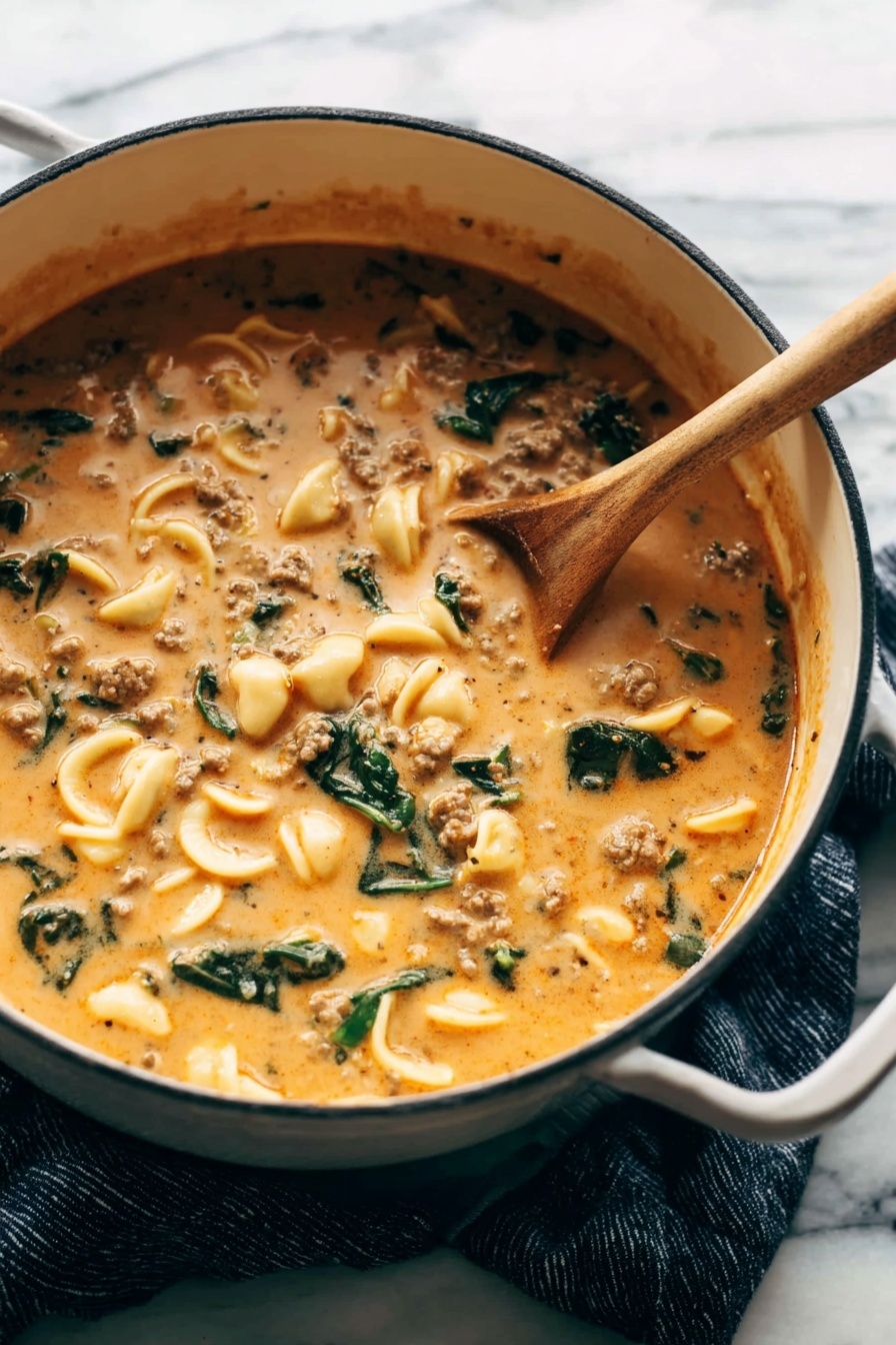 Creamy Tortellini Soup with Italian Sausage, Italian sausage tortellini soup, creamy Italian sausage soup recipe, hearty tortellini soup, easy sausage tortellini dinner - A large white pot filled with a thick, creamy soup that is orange-beige in color, speckled with small pieces of ground meat, green leafy vegetables, and small curved pasta shells. A wooden spoon is resting inside the pot, partially submerged in the soup, showing its rich and smooth texture. The pot sits on a dark blue cloth on a white marbled surface, creating a warm and cozy feeling. photo taken with an iphone --ar 2:3 --v 7