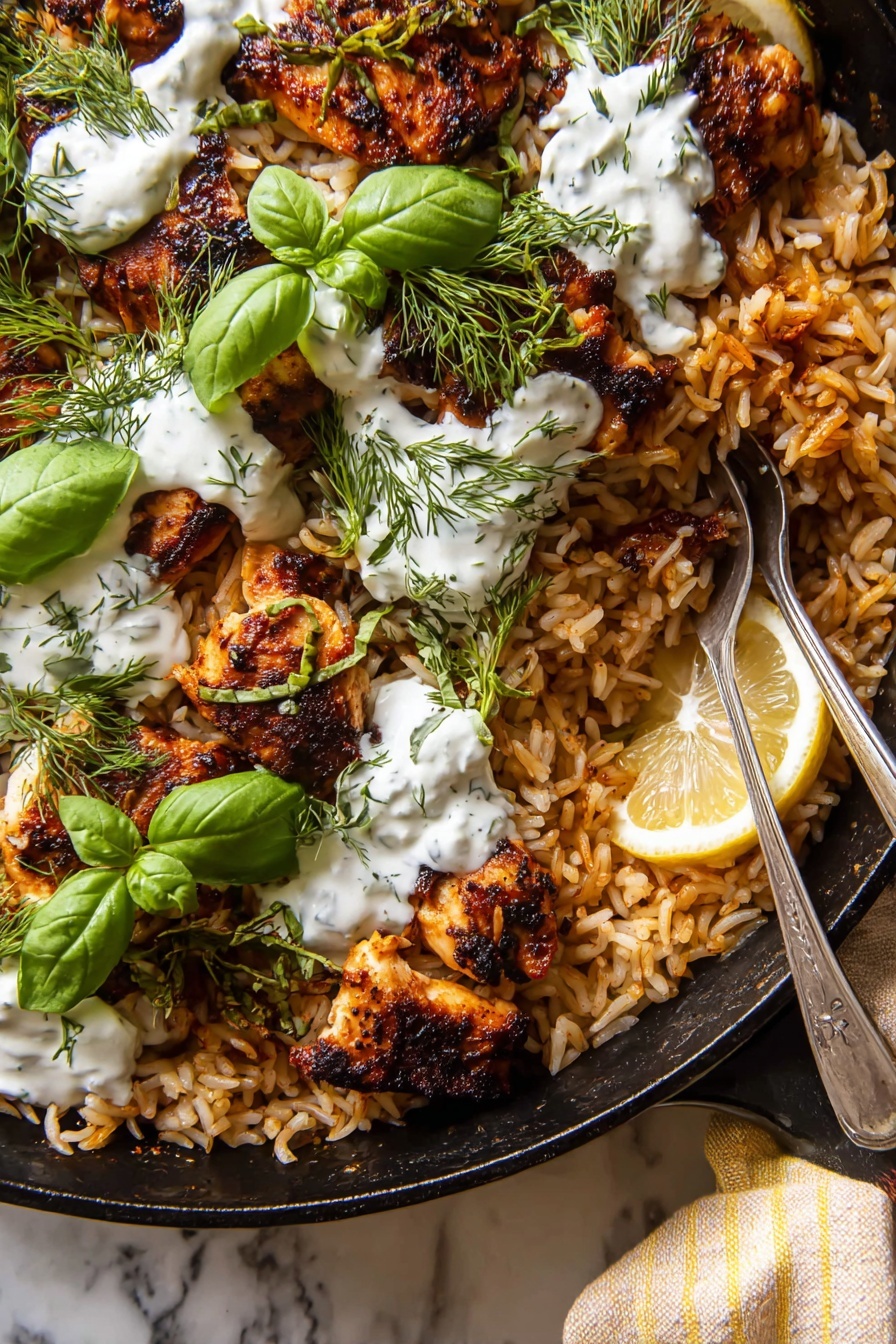 One-Pan Tzatziki Chicken and Orzo, Greek-inspired chicken and orzo, Easy Mediterranean chicken dinner, One-pan chicken recipes, Tzatziki chicken pasta - A close-up top view of a black cast iron pan filled with three layers: the bottom layer is golden brown rice with some grains scattered unevenly; the middle layer consists of several pieces of browned grilled chicken with a slightly crispy texture; the top layer shows bright green fresh basil leaves and small dill sprigs scattered across, along with dollops of white creamy sauce unevenly spread. A thin lemon slice is tucked among the rice and chicken near the bottom right. A silver fork partially rests on the chicken in the upper right area. The pan is placed on a white marbled surface with a soft beige and yellow striped cloth visible on the bottom right corner. Photo taken with an iphone --ar 2:3 --v 7