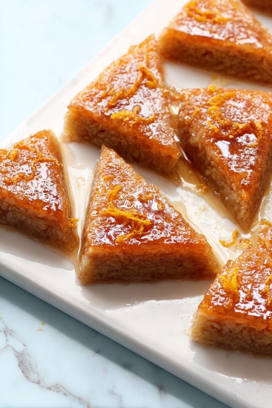 Gluten Free Greek Honey Cake, Greek Honey Cake, Gluten-Free Dessert, Honey Cake Recipe, Greek-Inspired Cake - The image shows a single slice of a dense, nut-filled dessert with a golden brown top layer that looks moist and sticky, placed on a white plate with a slightly decorative edge. The slice is garnished with thin, curly orange peels on top, and the plate has small drizzles of syrup around the dessert. A fork and knife rest above the plate on a white marbled surface, with soft natural lighting highlighting the texture and color of the dessert. photo taken with an iphone --ar 2:3 --v 7