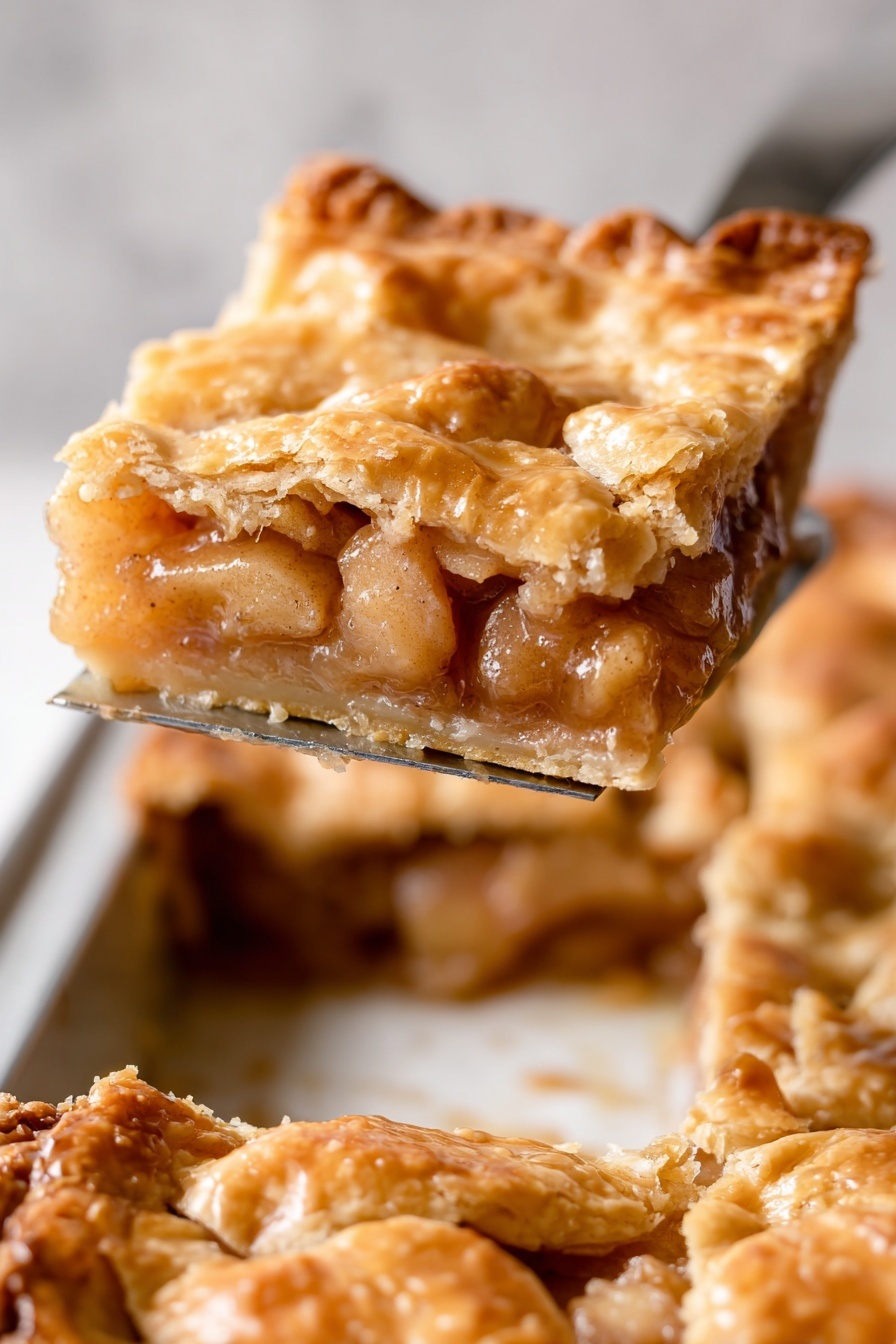 Apple Slab Pie, apple slab pie recipe, easy apple pie dessert, homemade apple slab pie, crowd-pleasing apple pie - This image shows a close-up of a square slice of apple pie lifted with a spatula above a white marbled surface. The slice has three main layers: a golden-brown, flaky crust on top with uneven edges and a slightly crispy texture, a thick middle layer filled with chunky cooked apple pieces in a light brown syrupy sauce, and a golden base crust that looks firm but soft. The background shows the rest of the pie still in a baking tray with the same golden crust, and the lighting highlights the pie’s warm colors and textures. Photo taken with an iphone --ar 2:3 --v 7