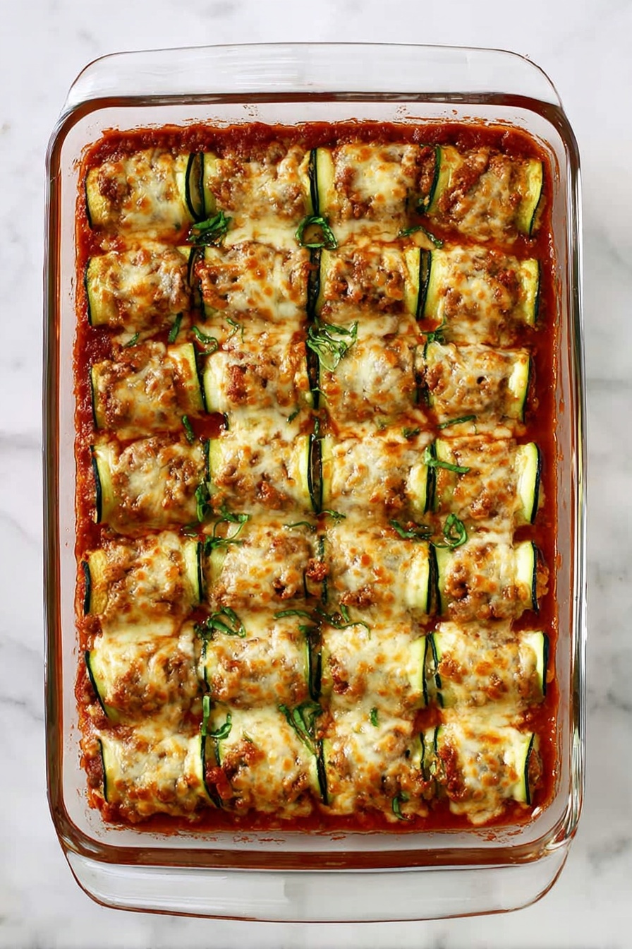 Cheesy Zucchini Rollatini with Italian Sausage, Italian zucchini rollatini, cheesy zucchini stuffed rolls, Italian sausage appetizer, easy zucchini dinner - The image shows a clear rectangular glass baking dish filled with a layered zucchini roll casserole. The top layer consists of small, evenly spaced zucchini rolls with grilled marks, each topped with a bubbly, golden-brown melted cheese layer. The rolls lie on a thick red sauce base, likely tomato-based, visible between the rolls and around the edges. There is a sprinkle of fresh green herbs on top, adding a touch of color contrast. The dish is placed on a white marbled surface, giving the image a clean look. photo taken with an iphone --ar 2:3 --v 7
