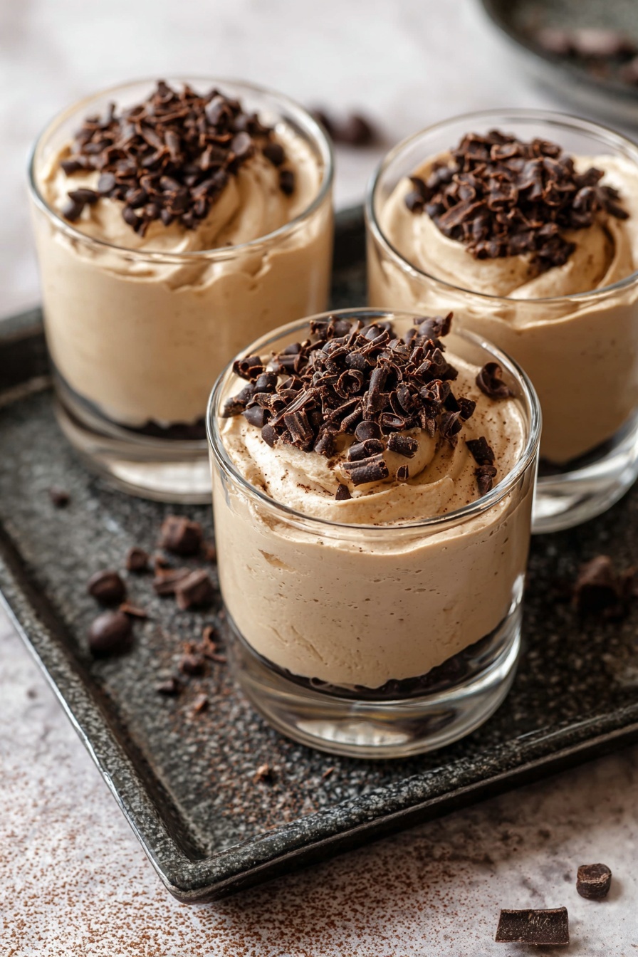 Coffee Mousse, coffee mousse recipe, easy coffee dessert, homemade coffee mousse, silky coffee mousse - Three clear glass cups are filled with a smooth, light brown creamy dessert. Each cup is topped with a generous pile of dark chocolate curls, adding texture and richness on top. The cups sit closely together on a dark textured tray which rests on a white marbled surface. The creamy dessert inside the cups shows soft swirls, giving it an airy, whipped look. Scattered chocolate curls around the tray add a casual touch. The overall scene is warm and inviting. photo taken with an iphone --ar 2:3 --v 7