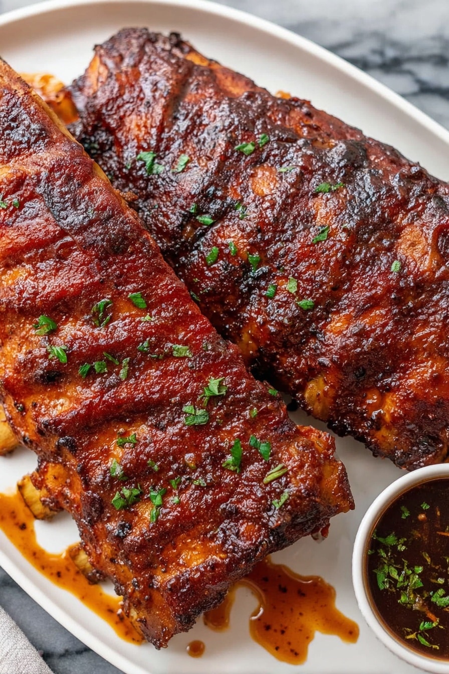 Crockpot Ribs, slow cooker ribs recipe, easy ribs dinner, tender ribs in slow cooker, smoky ribs recipe - A white plate holds two large racks of ribs with a shiny, dark reddish-brown sauce covering the entire surface. The ribs have a slightly charred texture with visible grill marks and are sprinkled with small pieces of green herbs. Some sauce drips onto the plate, adding a glossy and thick look. At the bottom right corner of the plate, there is a small white bowl filled with a dark dipping sauce, also topped with green herb bits. The plate is on a white marbled surface. photo taken with an iphone --ar 2:3 --v 7