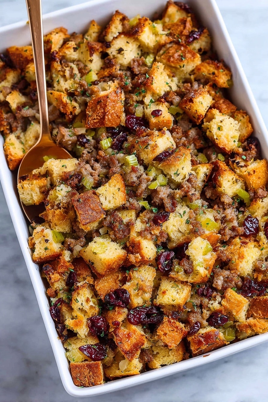 Sausage & Herbed Bread Stuffing, savory sausage stuffing, holiday bread stuffing, herb-infused stuffing recipe, cranberry bread stuffing - The dish is a baked stuffing served in a white rectangular baking dish, filled with multiple layers of cubed bread pieces that are golden brown and slightly crispy. Mixed throughout are small bits of browned sausage, green celery pieces, and dark red dried cranberries. The texture is a mix of soft and crunchy, with visible herbs sprinkled on top, adding a speckled green. A bronze spoon rests inside the dish slightly sunk into the stuffing, ready to serve, all sitting on a white marbled surface. photo taken with an iphone --ar 2:3 --v 7