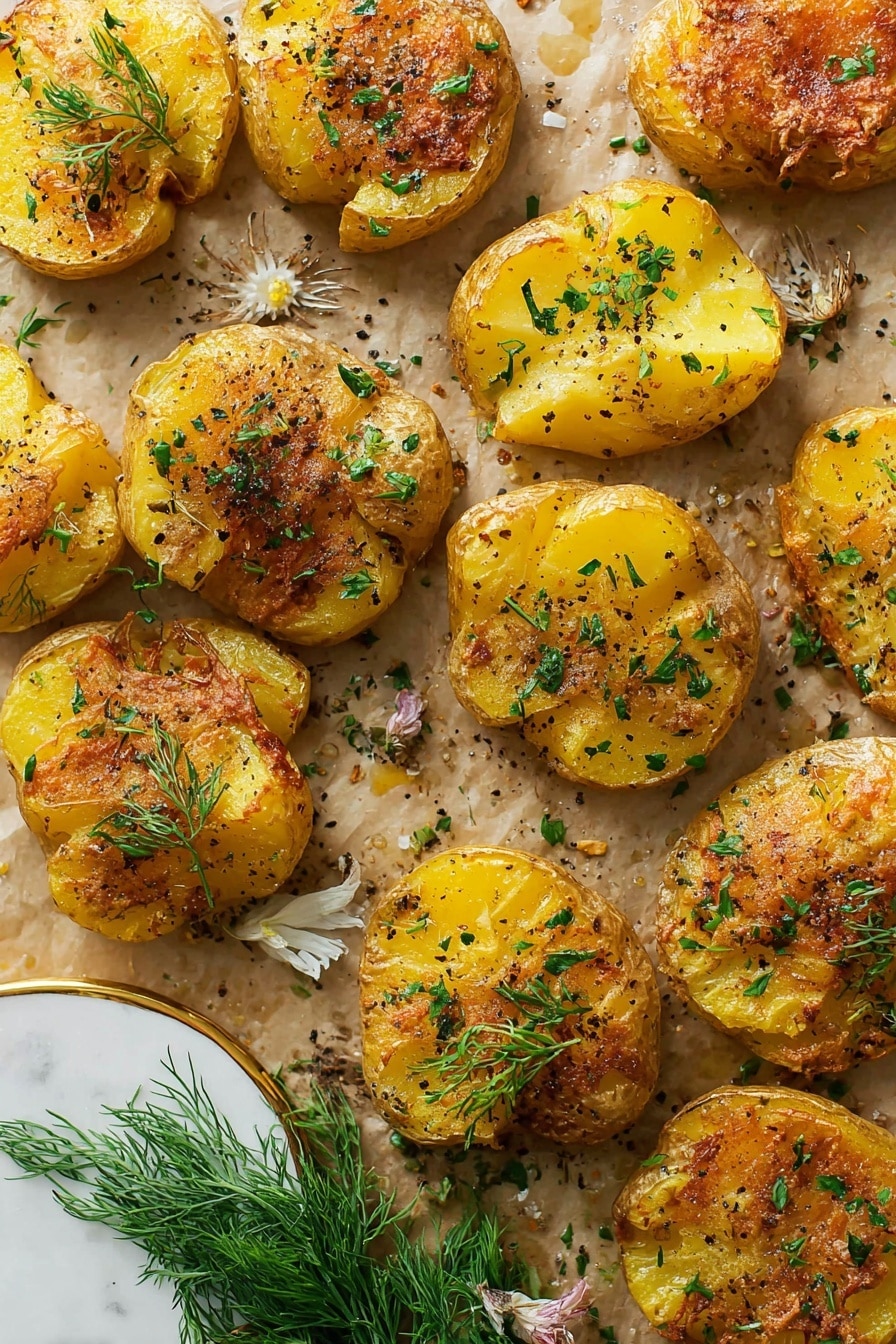 How to Make Smashed Potatoes, smashed potatoes crispy outside, easy smashed potatoes recipe, garlic smashed potatoes, perfect smashed potatoes - The image shows several golden brown smashed potatoes on a white marbled surface. Each potato is lightly crushed flat with rough edges and crispy skin. The top layer is a golden yellow with a slightly charred, crunchy texture. Fresh green herbs are sprinkled over the potatoes, adding a pop of color and freshness. The potatoes have tiny black pepper and seasoning specks on them. Around the potatoes, small crispy potato pieces are placed, creating a rustic look. photo taken with an iphone --ar 2:3 --v 7
