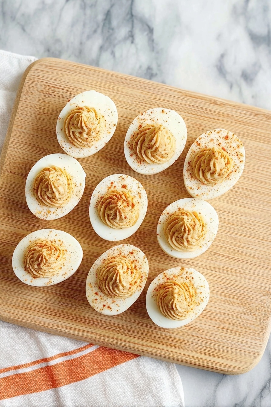 Pumpkin Devilled Eggs, Fall Devilled Eggs, Seasonal Appetizer, Easy Pumpkin Snack, Holiday Egg Hors d'oeuvre - A close-up view of six deviled eggs placed on a wooden board, each egg cut in half showing a smooth white base with a thick layer of light orange, creamy, piped filling on top. The piped filling has a spiral texture, slightly dense and ending in a soft peak. Some brown seasoning is sprinkled lightly over the filling and the egg whites. The background shows soft orange pumpkin shapes on a white marbled surface, blurred out. Photo taken with an iphone --ar 2:3 --v 7