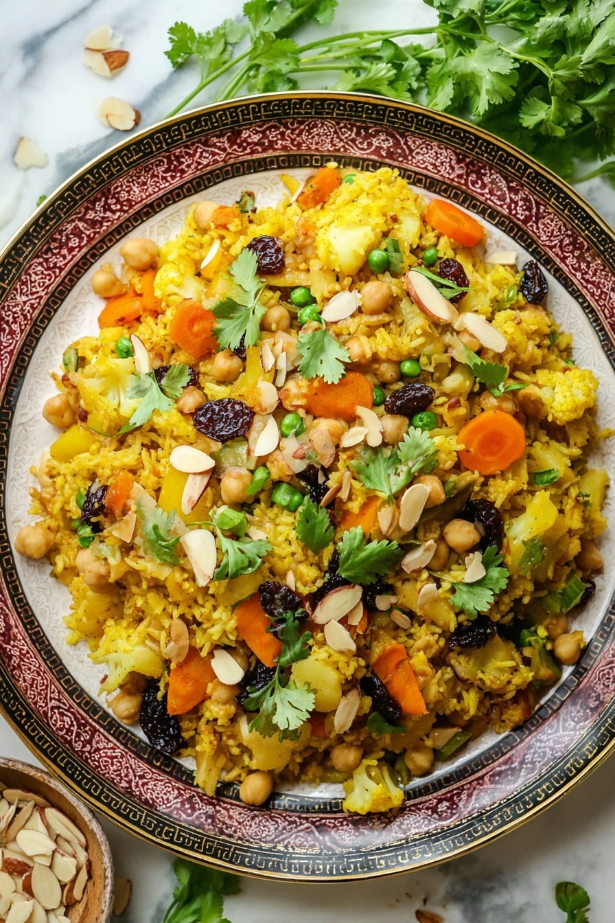 Vegan Biryani, easy vegan Indian dishes, plant-based rice recipes, vegetarian biryani ideas, wholesome vegan meals - A close-up of a decorative plate with a gold and black outer rim, filled with a layered mix of yellow rice, orange carrot slices, chickpeas, small green beans, potatoes, and light yellow cauliflower pieces. The top layer is scattered with dark raisins, sliced almonds, and fresh green cilantro leaves, adding texture and vibrant colors to the dish. The plate is placed on a white marbled surface with some fresh cilantro on the side and a small bowl of sliced almonds visible in the corner. photo taken with an iphone --ar 2:3 --v 7