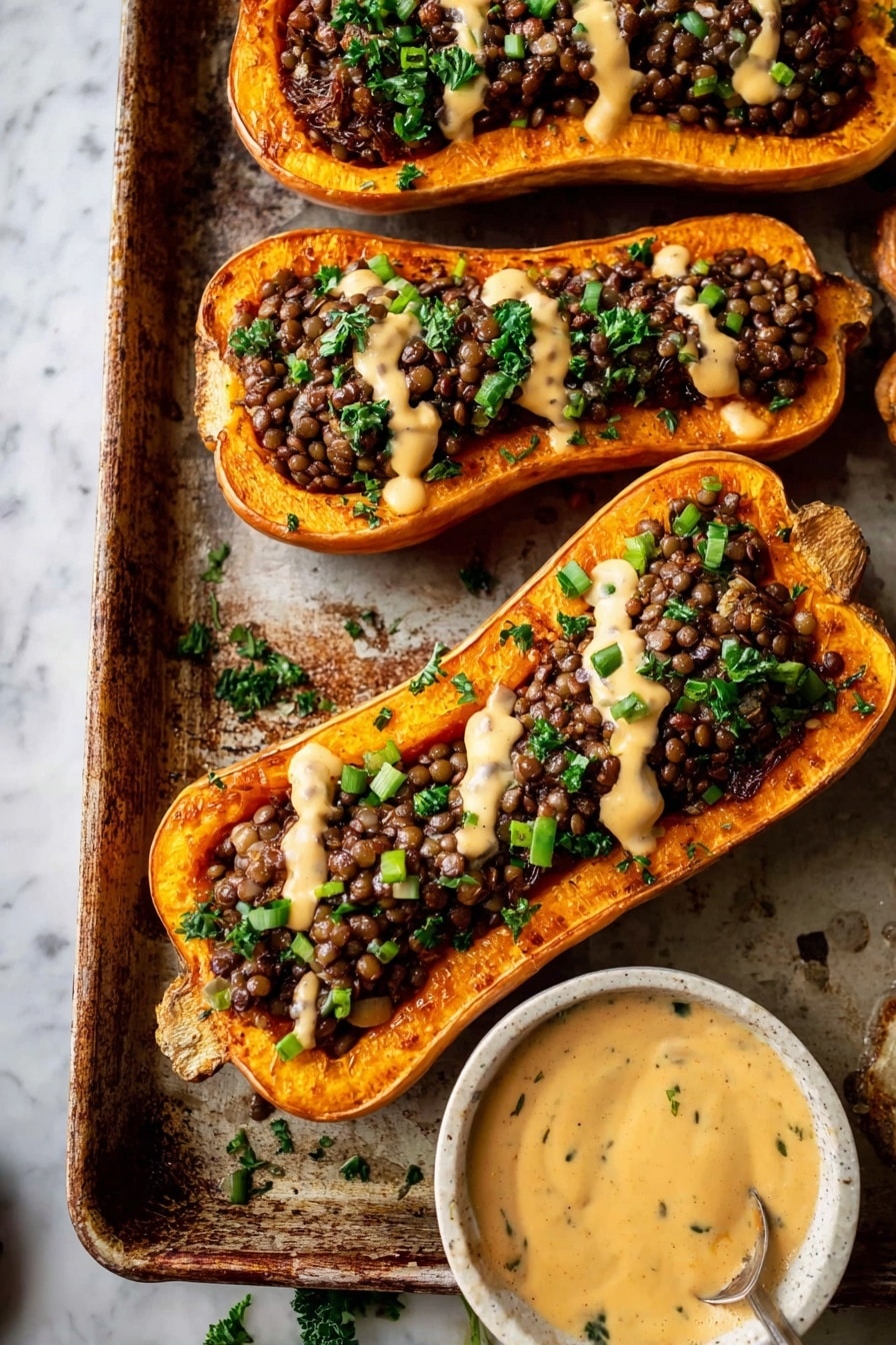 Creamy Lentil Stuffed Butternut Squash, hearty stuffed squash with lentils, roasted butternut squash recipes, vegan butternut squash dishes, healthy lentil recipes - The image shows four halves of roasted butternut squash with a deep orange color and soft texture, each filled with a layer of dark brown lentils mixed with caramelized onions that add a slightly shiny surface. On top, there is a rough drizzle of creamy light beige sauce spread unevenly over the lentils, and small pieces of bright green chopped herbs are scattered on each squash half, adding a fresh contrast. To the right of the squash is a small white bowl filled with the same creamy beige sauce. All the items are placed on a slightly worn baking sheet that rests on a white marbled surface. Photo taken with an iphone --ar 2:3 --v 7