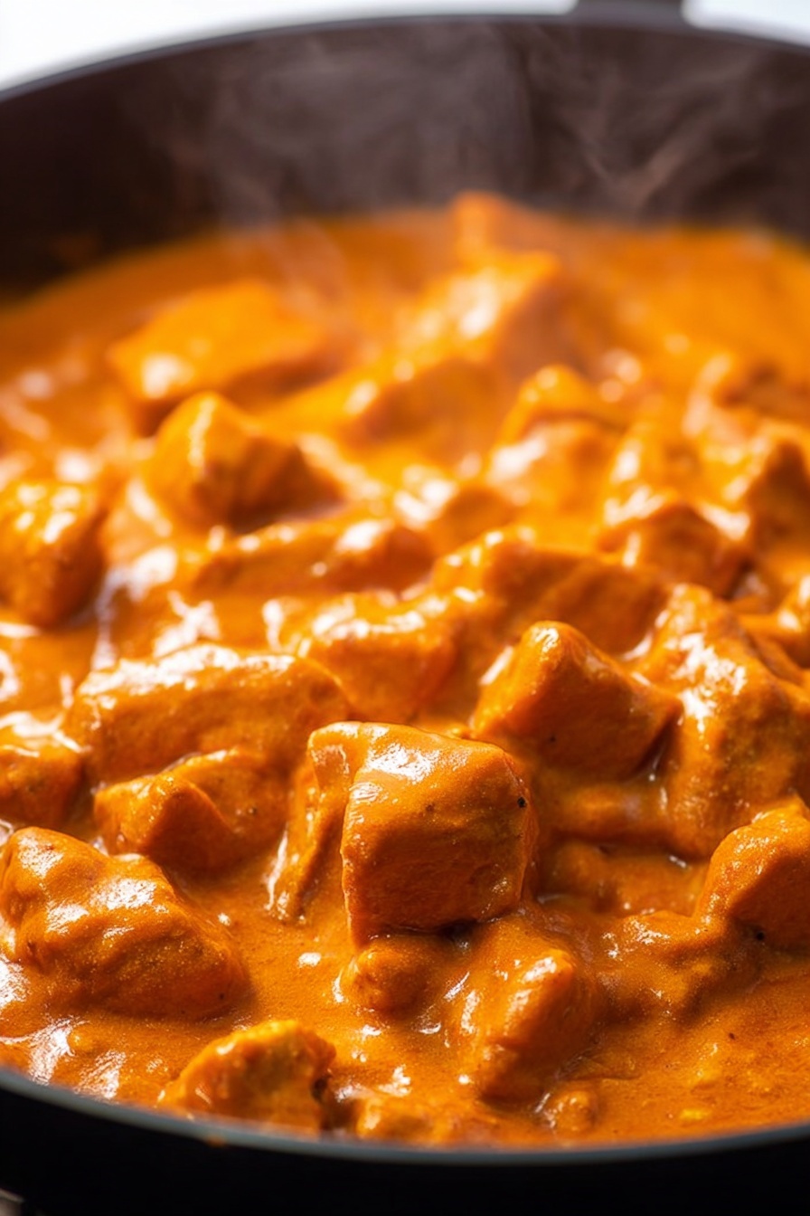 Vegan Butter Chicken, plant-based Indian curry, dairy-free butter chicken, vegan Indian recipes, tofu vegan curry - The image shows a close-up of many small, tender pieces of meat covered in thick, smooth orange sauce with a creamy texture, all in a black pan. The meat pieces are irregular shapes, coated evenly in the sauce which looks rich and steaming hot. The background is blurred but shows more of the orange sauce and meat filling the pan, with steam rising gently. The focus is on the center where the meat pieces are clearly visible and glistening from the sauce. photo taken with an iphone --ar 2:3 --v 7