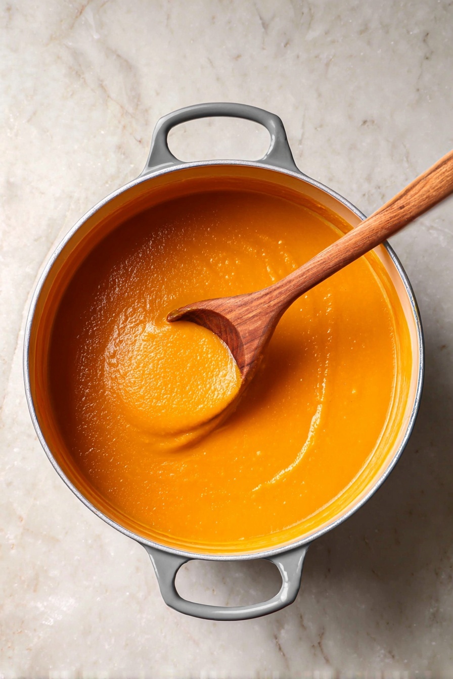 Butternut Squash and Sweet Potato Soup, comforting fall soup, healthy vegetable soup, creamy roasted vegetable soup, easy fall soup recipes - The image shows a pot filled with thick orange soup, smooth in texture with small dimples on the surface, indicating creaminess. Inside the pot, a wooden spoon with a long handle is dipped, lifting some soup that shows a consistent orange color and soft, velvety texture. The pot is light gray with metal handles on each side, placed on a white marbled surface. The soup fills the pot almost to the brim, and the lighting highlights the soup’s shiny surface and the wooden spoon’s warm tones. Photo taken with an iphone --ar 2:3 --v 7