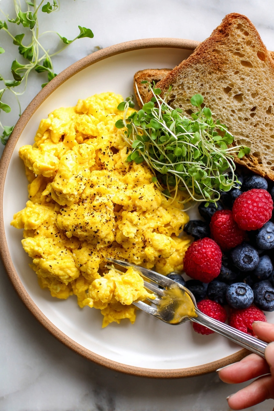 Tofu Scramble, vegan breakfast, healthy plant-based recipes, easy tofu scramble, flavorful vegan breakfast - A white plate with a large pile of bright yellow scrambled eggs seasoned with black pepper on the left side. On the top right, there is a small bunch of fresh green microgreens with delicate stems and leaves. Next to the greens is a single piece of toasted white bread with a golden brown crust and textured surface. At the bottom right, fresh blueberries and red raspberries are placed together in a small cluster. A silver fork is pressing into the scrambled eggs from the right side, held by a woman's hand. The plate sits on a white marbled surface photo taken with an iphone --ar 2:3 --v 7