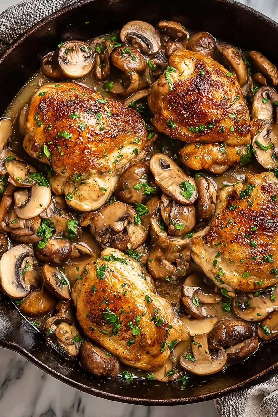 Chicken Marsala, Classic Chicken Marsala, Chicken Marsala recipe, Easy Chicken Marsala, Chicken Marsala dinner - A black cast iron pan filled with four golden-brown cooked chicken pieces evenly spaced around the pan. Surrounding and partly on top of the chicken are many light brown mushroom slices with some small pieces of bright green parsley sprinkled over everything. There is a shiny, light brown sauce covering the mushrooms and chicken, giving a moist look to the dish. The surface the pan sits on has a white marbled texture photo taken with an iphone --ar 2:3 --v 7