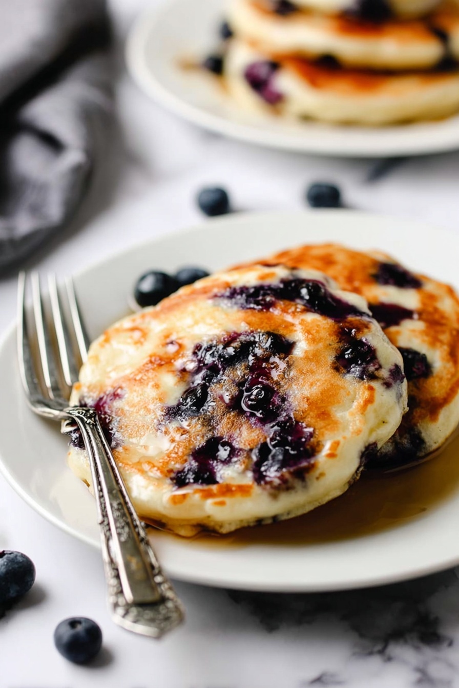 Vegan Blueberry Pancakes, plant-based breakfast, dairy-free pancakes, fluffy vegan pancakes, blueberry pancake recipe - A white plate holds two thick pancakes stacked, topped with many dark purple blueberries scattered inside and on top. The pancakes are golden brown with soft, spongy texture showing some small air holes throughout. A silver fork is gently cutting into the top pancake, pulling a soft piece that shows the fluffy inside with more blueberries. A few fresh blueberries rest near the plate on a white marbled surface. In the background, another white plate with pancakes is slightly out of focus. Photo taken with an iphone --ar 2:3 --v 7