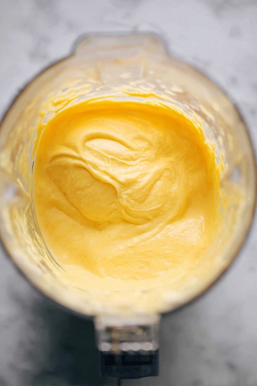 Creamy Mango Smoothie, tropical fruit smoothie, easy mango smoothie, healthy mango drinks, quick breakfast smoothies - A close-up view inside a clear blender shows a smooth, thick mixture of bright yellow color. The mixture has a creamy texture with soft peaks and swirls visible on its surface. The blender sits on a white marbled surface, and the top edge of the blender is slightly blurred, focusing on the yellow creamy content inside. The lighting is soft, highlighting the bright and smooth texture of the blend photo taken with an iphone --ar 2:3 --v 7