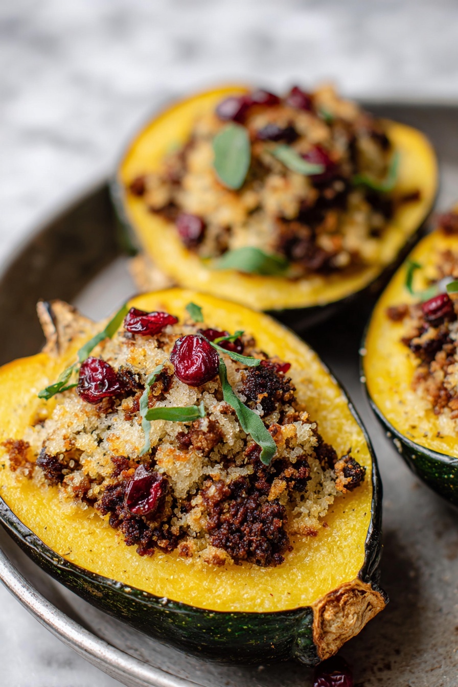Stuffed Acorn Squash with Turkey Apples Cranberries Pecans, stuffed acorn squash dinner, fall squash recipes, hearty turkey stuffed squash, easy holiday squash dish - The image shows three stuffed squash halves placed on a metal tray over a white marbled surface. Each squash is an outer green shell with a bright yellow interior base layer. On top of this, there is a thick layer of crumbly, toasted breadcrumbs mixed with small browned pieces of filling, which is dark brown and looks textured. Scattered throughout the filling are small, wrinkled red berries and garnished with fresh green herb leaves. The dish has a rough, toasted texture and a warm, inviting color palette of yellow, brown, red, and green. photo taken with an iphone --ar 2:3 --v 7