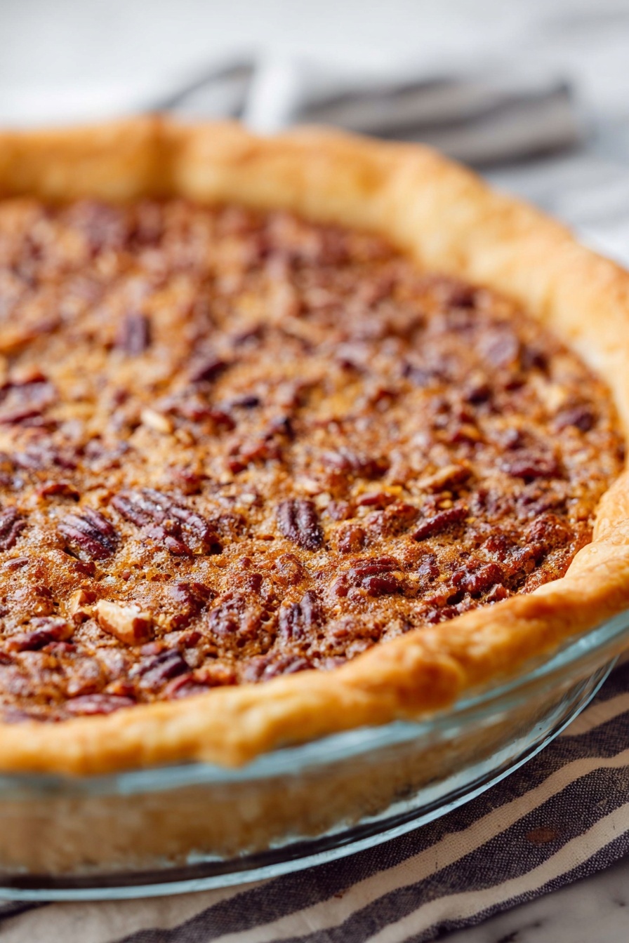 Colonial Innkeeper's Pie, layered chocolate pie, nostalgic dessert recipes, pecan dessert, comforting pie recipes - A close-up view of a pecan pie in a clear glass pie dish showing one thick layer of golden-brown filling topped with many small pieces of pecans with a slightly shiny, textured surface. The crust edge is light golden and slightly crimped, visible around the pie. The pie is placed on a white marbled texture with a striped cloth underneath. photo taken with an iphone --ar 2:3 --v 7
