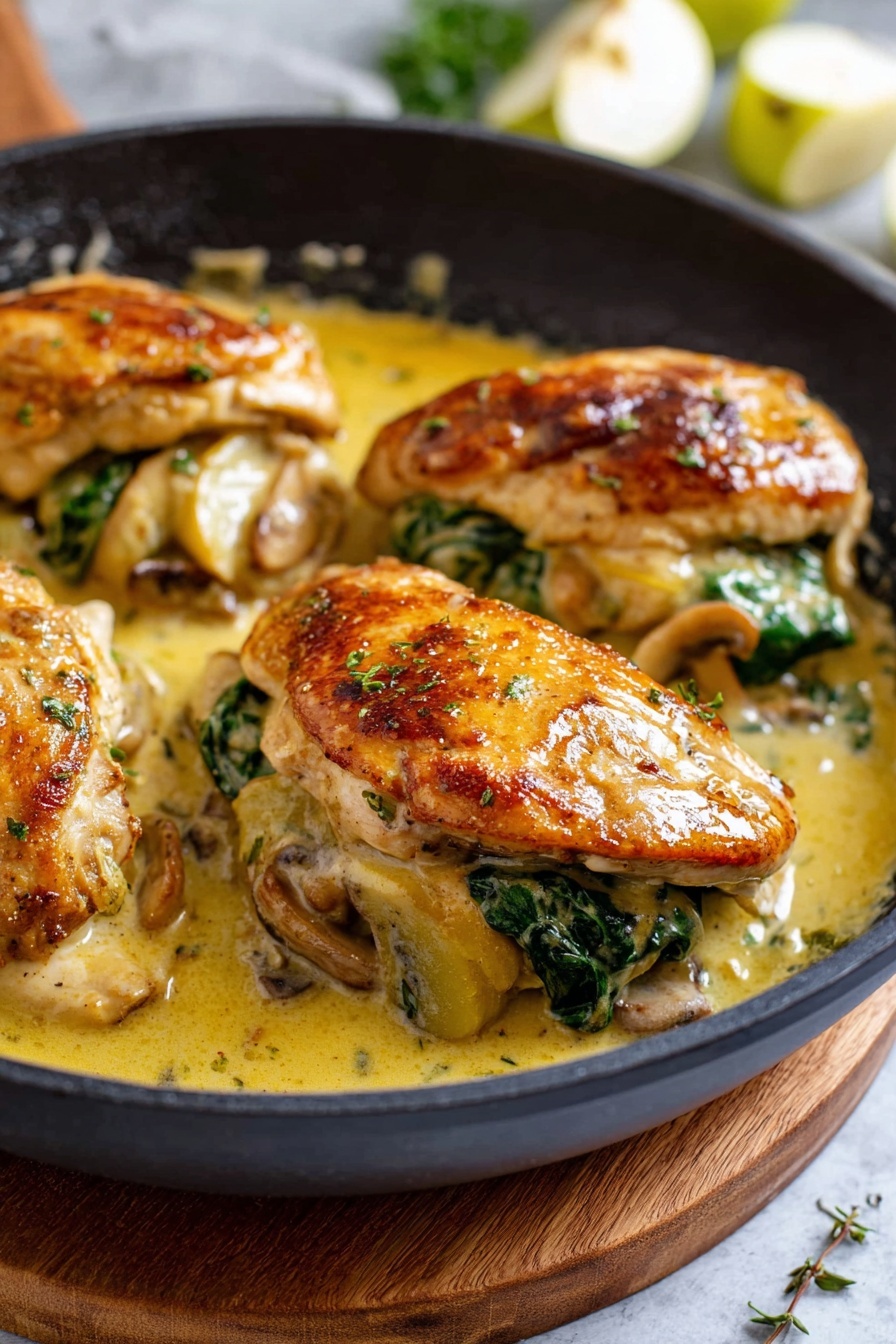 Apple and Brie Stuffed Chicken, stuffed chicken breast with apple and brie, easy stuffed chicken recipes, savory stuffed chicken ideas, quick apple and brie chicken - A white plate on a white marbled surface holds a piece of golden brown cooked chicken filled with melted pale yellow cheese and green herb leaves, sliced to show three layers: juicy white chicken meat outside, a middle layer of pale yellow cheese, and a thin layer of green herb inside. Underneath the chicken are thin slices of cooked yellow potatoes arranged in a neat pile. In the background, there is a side of light brown rice, slightly out of focus. A silver fork holds a slice of the stuffed chicken close to the camera. Photo taken with an iphone --ar 2:3 --v 7