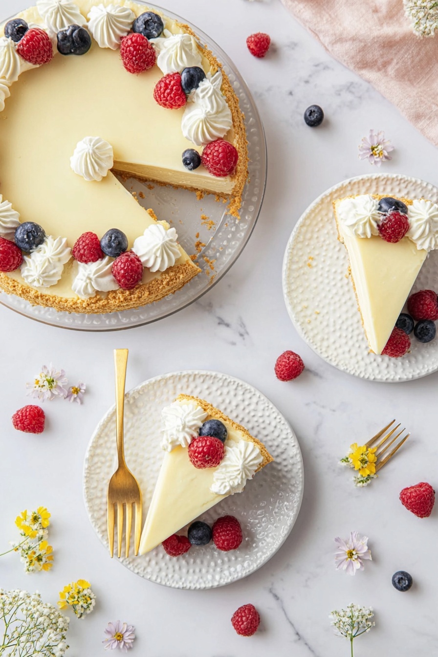 No-Bake Cheesecake with Condensed Milk, easy no-bake cheesecake recipe, creamy cheesecake dessert, no-bake cheesecake ideas, simple cheesecake without oven - A creamy, pale yellow cheesecake with a thick, crumbly golden brown crust sits on a clear glass plate. The cheesecake has a smooth, soft texture and is topped with three swirls of white whipped cream placed along one edge. On top of the whipped cream are fresh red raspberries and dark blue blueberries, adding bright color contrast. Two slices of the cheesecake are served on white plates with a textured surface; each slice is also decorated with two dollops of whipped cream and scattered berries. One slice is accompanied by a gold fork resting on the plate. The setup is on a white marbled surface sprinkled with extra berries and small flowers around the plates. Photo taken with an iphone --ar 2:3 --v 7