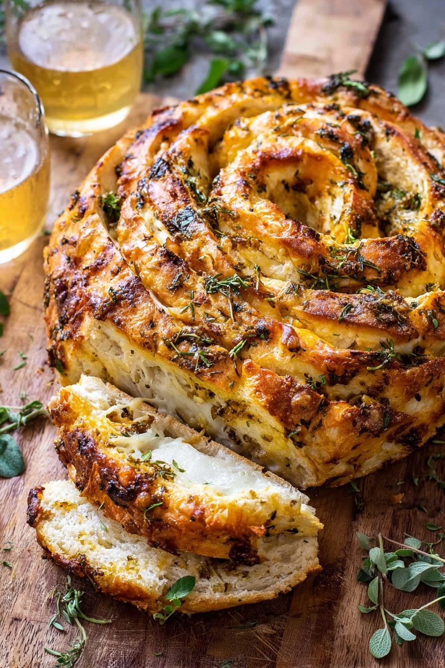 Garlic Herb Cheddar Cheese Bread, cheesy garlic bread, homemade cheesy bread, herb cheese bread, easy garlic bread recipe - A round loaf of cheese bread is sliced into thick pieces, showing a soft white inside with swirled orange cheese within the layers. The top crust is golden brown, sprinkled with herbs, melted cheese, and small green leaves. The bread rests on a wooden surface with two glasses of light beer in the background, and fresh green herbs are placed nearby. Photo taken with an iphone --ar 2:3 --v 7