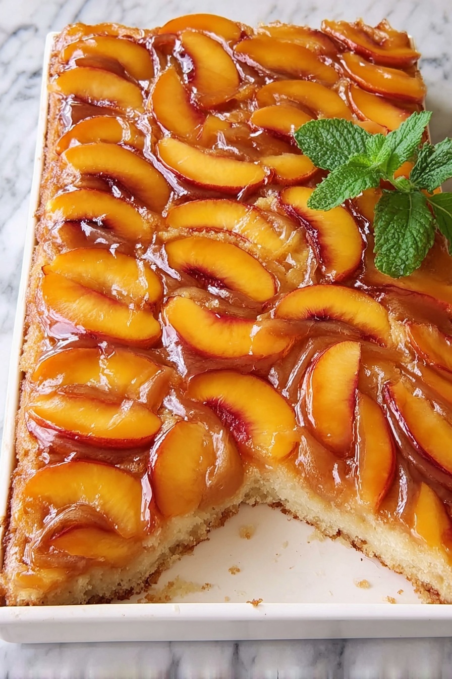 Peach Upside-Down Cake, Peach Caramel Cake, Upside-Down Peach Dessert, Juicy Peach Cake, Easy Peach Cake Recipe - The image shows a peach upside-down cake cut into squares on a white plate placed on a white marbled surface. The cake has a golden-brown base that looks moist and soft with a slight crumb texture. On top of the cake lies a layer of neatly arranged peach slices that are vibrant orange and glossy, covered in a shiny caramel glaze. A black-handled spatula holds one square piece of the cake, slightly lifted from the plate, showing the thick peach topping and the textured cake underneath. The colors are warm and inviting, with the light reflecting off the glossy peach layer. photo taken with an iphone --ar 2:3 --v 7