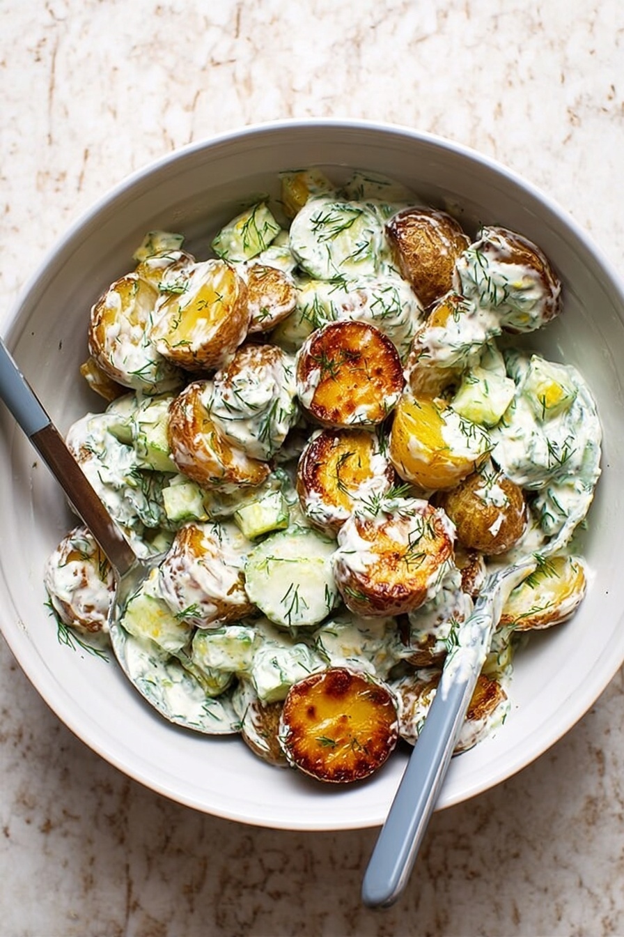 Smashed Potato Salad with Greek Yogurt Dressing, healthy potato salad, Greek yogurt potato side dish, easy smashed potato recipe, light summer potato salad - The image shows a white bowl filled with crispy roasted potato slices that have a golden-brown color and slightly crunchy texture. These potatoes are mixed with a creamy, white sauce that has green herbs like dill sprinkled throughout. Small chunks of light green cucumber and some green herbs are visible mixed evenly in the sauce, giving the dish a fresh look. Two spoons with gray handles rest inside the bowl on either side, partially covered with the sauce and potato mix. The bowl is placed on a white marbled surface. photo taken with an iphone --ar 2:3 --v 7