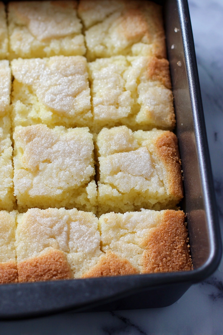 Creamy Butter Cake, buttery cake recipe, moist vanilla cake, classic cake with butter, fluffy butter cake - A close-up view of a rectangular black baking pan filled with a light yellow baked cake that has been scored into 12 square pieces. The cake has a crumbly, slightly cracked top layer with a sugar-like texture, revealing a soft, moist inner layer beneath. The edges of the cake are slightly browned, contrasting with the pale center. The pan is set against a white marbled background. photo taken with an iphone --ar 2:3 --v 7