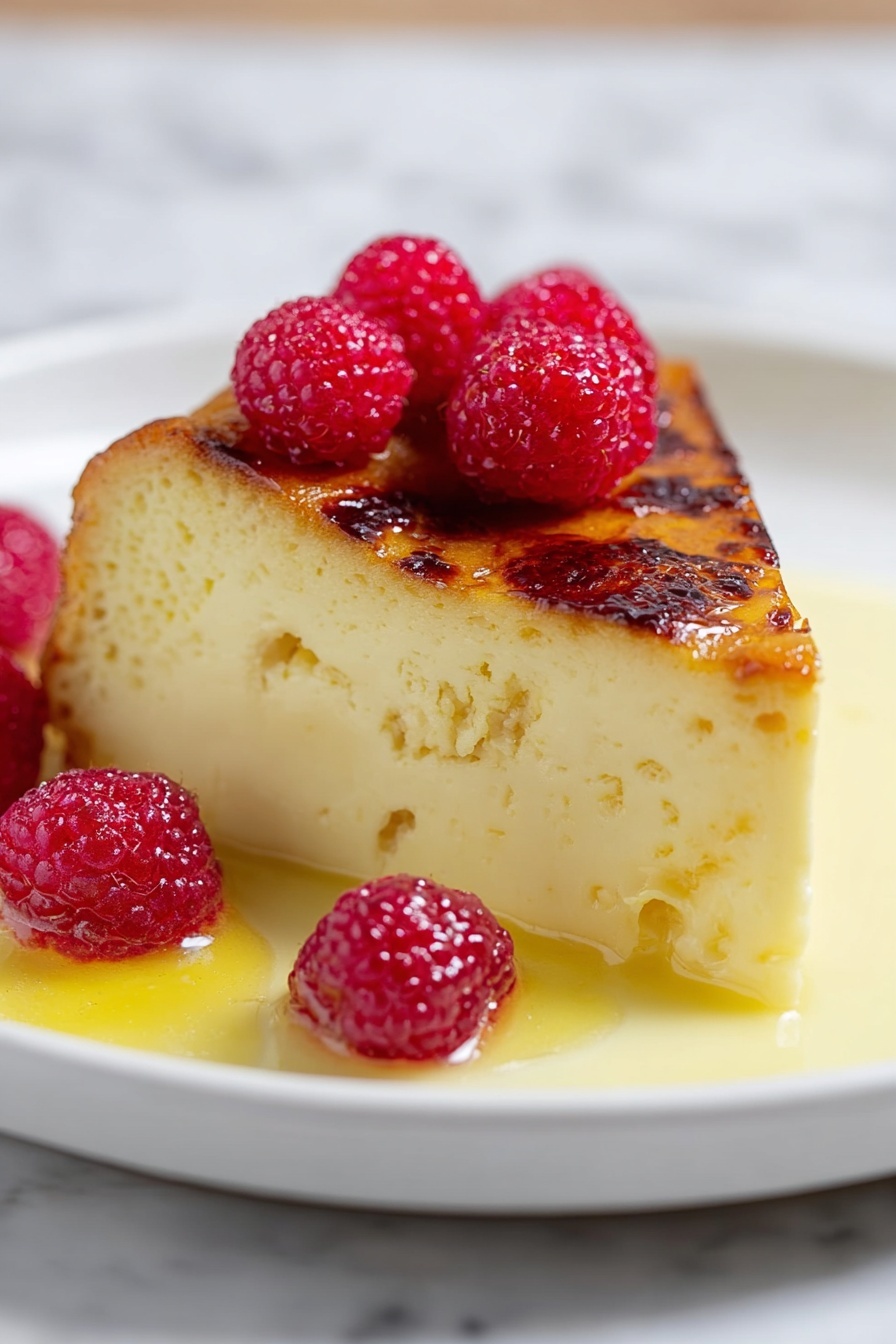 French Bread Custard Pudding with Vanilla Sauce, classic bread pudding, comforting dessert recipes, French bread dessert, vanilla sauce dessert - A thick slice of creamy yellow custard-like cake with a browned, slightly charred top layer sits in the center of a white plate. The top layer is smooth and shiny with a caramelized texture. Several bright red raspberries with tiny droplets of moisture rest on top and around the cake. A light yellow sauce pools around the base, adding a glossy finish to the dish. The plate is placed on a white marbled surface. photo taken with an iphone --ar 2:3 --v 7