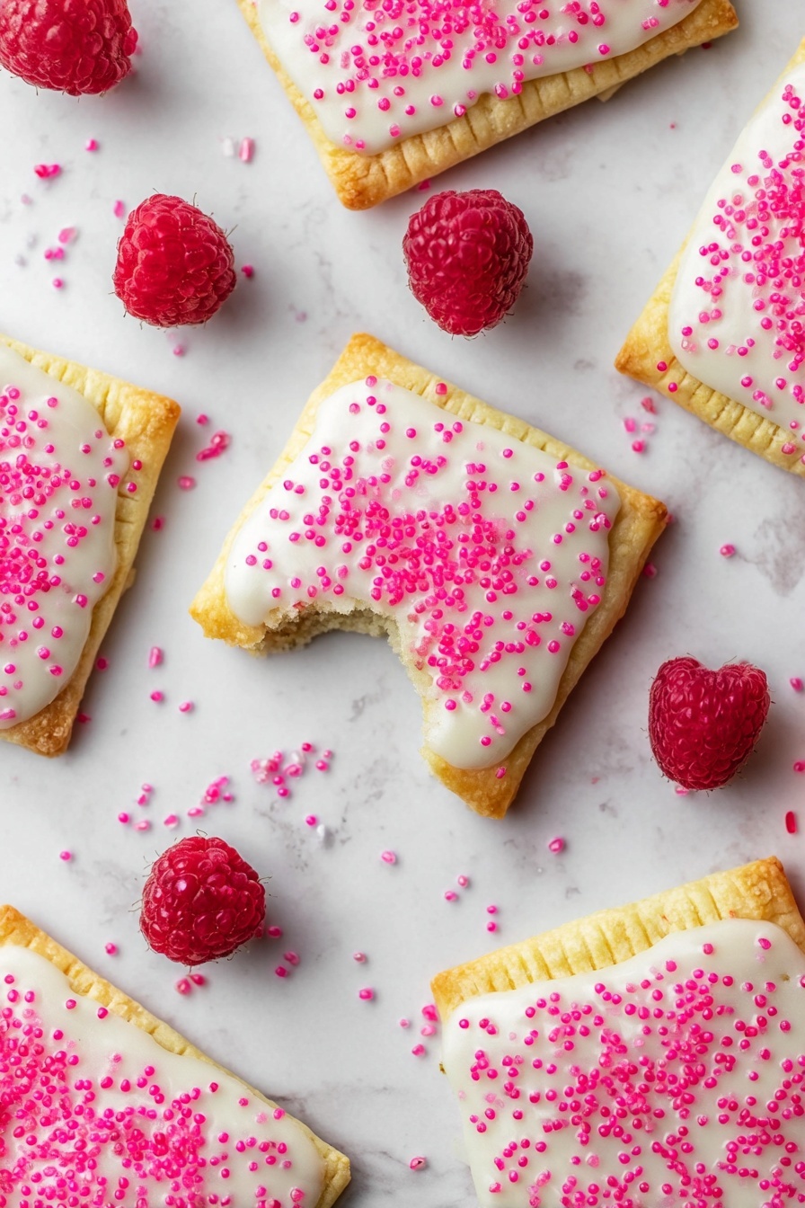 Raspberry Pop Tarts, homemade raspberry breakfast pastries, flaky fruit-filled tarts, easy homemade pop tarts, raspberry pastry recipes - Multiple square pastries with a golden-baked crust are scattered on a white marbled surface, each topped with smooth white icing sprinkled generously with bright pink sugar crystals. One pastry in the center has a small bite taken out of its corner, revealing a soft filling inside. Around the pastries, several fresh red raspberries are placed as decoration. The image is bright and clean, showing the different textures on the pastries and icing clearly photo taken with an iphone --ar 2:3 --v 7