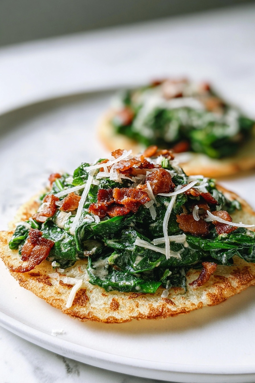 Smash Chicken Caesar Tacos, chicken Caesar tacos, easy chicken tacos, crispy chicken tacos, weeknight taco ideas - The image shows two flat round corn cakes placed on a white plate with a white marbled texture surface. Each cake has a golden-brown crispy crust and a slightly soft inside. On top of each cake is a generous pile of creamy green spinach leaves mixed with small pieces of crispy, brown bacon bits scattered throughout. Thin shreds of white cheese are sprinkled evenly over the spinach and bacon mix. The focus of the image is on the closest cake, with the second one slightly blurred in the background. Photo taken with an iphone --ar 2:3 --v 7