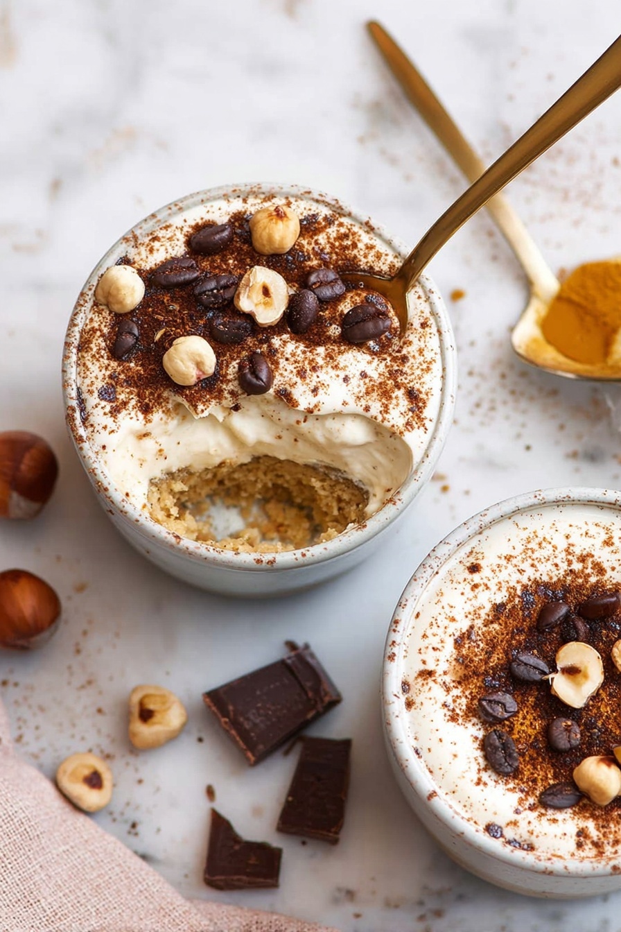 Easy Individual Tiramisu Cups, individual tiramisu dessert, quick tiramisu recipe, no-bake tiramisu cups, elegant coffee dessert - The image shows five glass cups filled with a creamy, light beige dessert topped with a layer of sprinkled cocoa powder and dark chocolate curls, creating a textured and slightly swirled surface. Each cup has a frothy, airy cream layer on top, while the lower part appears smooth and dense. A white coffee cup filled with dark brown espresso is placed to the right side, partially visible. Scattered dark brown coffee beans and uneven chocolate pieces are placed around the cups on a white marbled surface. Two light brown ladyfinger biscuits lie near the bottom right, and a fine metal sieve with some cocoa powder and coffee beans rests on the left side. There is also a beige linen cloth on the upper left corner. Photo taken with an iphone --ar 2:3 --v 7