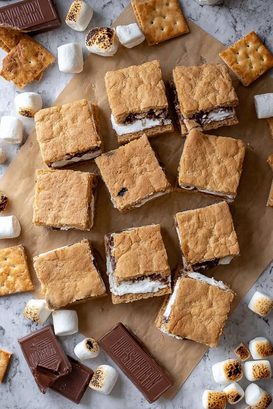 S'mores Cookie Bars, S'mores Cookie Bars Recipe, no-bake s'mores bars, marshmallow chocolate bars, campfire dessert bars - The image shows a dozen square s'mores bars arranged on brown parchment paper, placed on a white marbled surface. Each bar has three visible layers: a light golden brown, slightly cracked cookie-like top layer, a middle white soft marshmallow layer, and a bottom layer similar in color and texture to the top. Around the bars are broken pieces of crispy white graham crackers, small toasted marshmallows with dark brown burnt spots, and sections of milk chocolate blocks with the Hershey’s brand visible. The overall look is warm and inviting with a mix of soft and crunchy textures. photo taken with an iphone --ar 2:3 --v 7