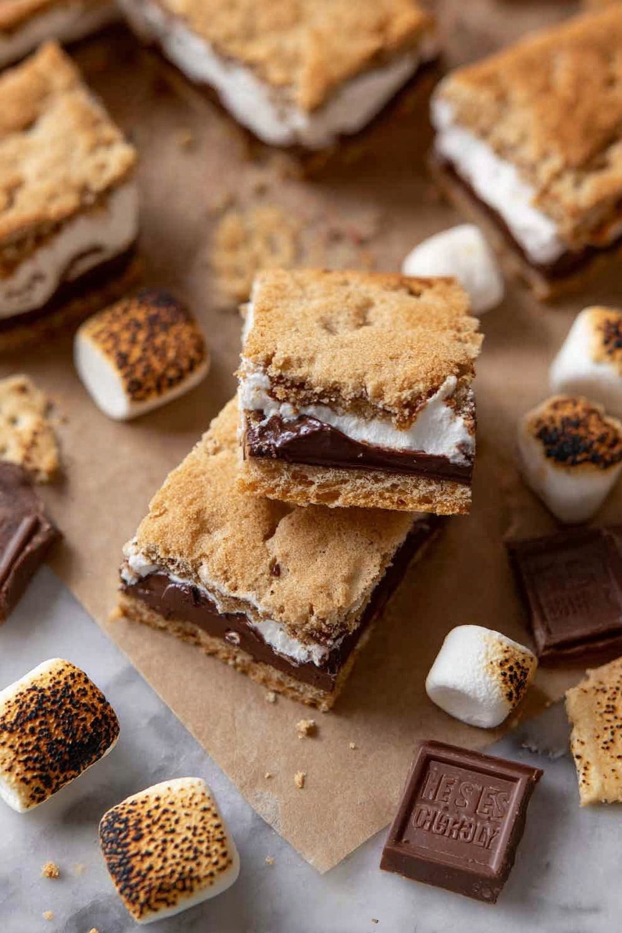 S'mores Cookie Bars, S'mores Cookie Bars Recipe, no-bake s'mores bars, marshmallow chocolate bars, campfire dessert bars - The image shows a stack of three s'mores bars with three clear layers in each piece. The top and bottom layers are golden brown, crumbly cookie crust with a slightly rough texture. The middle layer is thick and creamy with a bright white marshmallow filling. Between the marshmallow and cookie layers is a rich, smooth, dark brown chocolate layer. The stack sits on a white marbled surface, with the background softly blurred to keep focus on the dessert. Photo taken with an iphone --ar 2:3 --v 7
