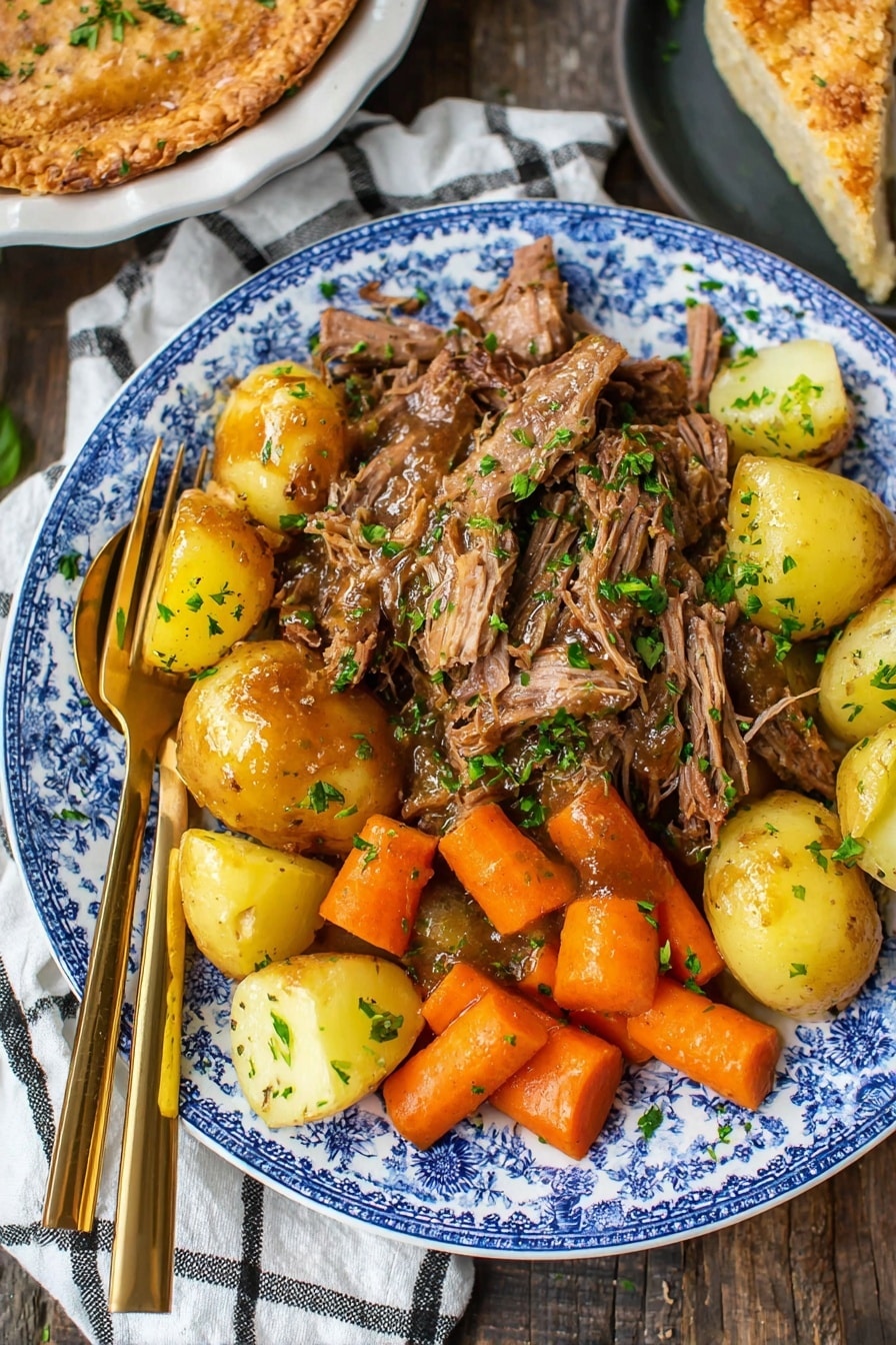 Slow Cooker Pot Roast with Root Vegetables and Red Wine Gravy, hearty beef stew, slow cooker beef recipes, comfort food dinner ideas, easy pot roast recipes - A white plate with blue floral patterns holds a layered dish: the bottom layer is golden-yellow chunks of boiled potatoes scattered around the middle and sides; the next layer is bright orange carrot pieces placed mostly along one side; and the top layer is a large pile of shredded, brown cooked meat glistening with sauce, sprinkled with small green herb bits. Two golden serving utensils with open handles rest on the left side of the plate. The plate is on a dark wood surface with a white and black checkered cloth nearby, and a slice of pie with a light brown crust and creamy filling is partly visible to the right. photo taken with an iphone --ar 2:3 --v 7