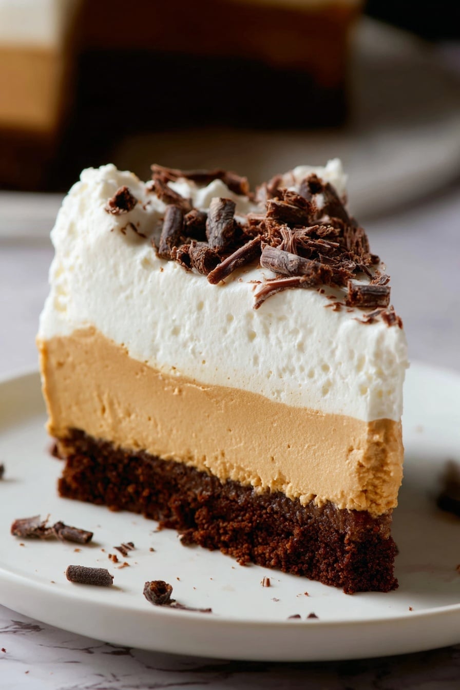 Chocolate Pumpkin Cheesecake with Bourbon Whipped Cream, fall dessert recipes, pumpkin cheesecake with chocolate, bourbon whipped cream dessert, easy autumn holiday treats - A slice of layered dessert is shown on a white plate with a white marbled surface background. The bottom layer is dark brown and crumbly, resembling a cookie crust. Above that is a smooth, light brown creamy layer, about the same thickness as the top layer. The top layer is thick and white, fluffy in texture, and crowned with dark brown chocolate shavings scattered on top. Small chocolate shavings are also scattered around the plate. Photo taken with an iphone --ar 2:3 --v 7
