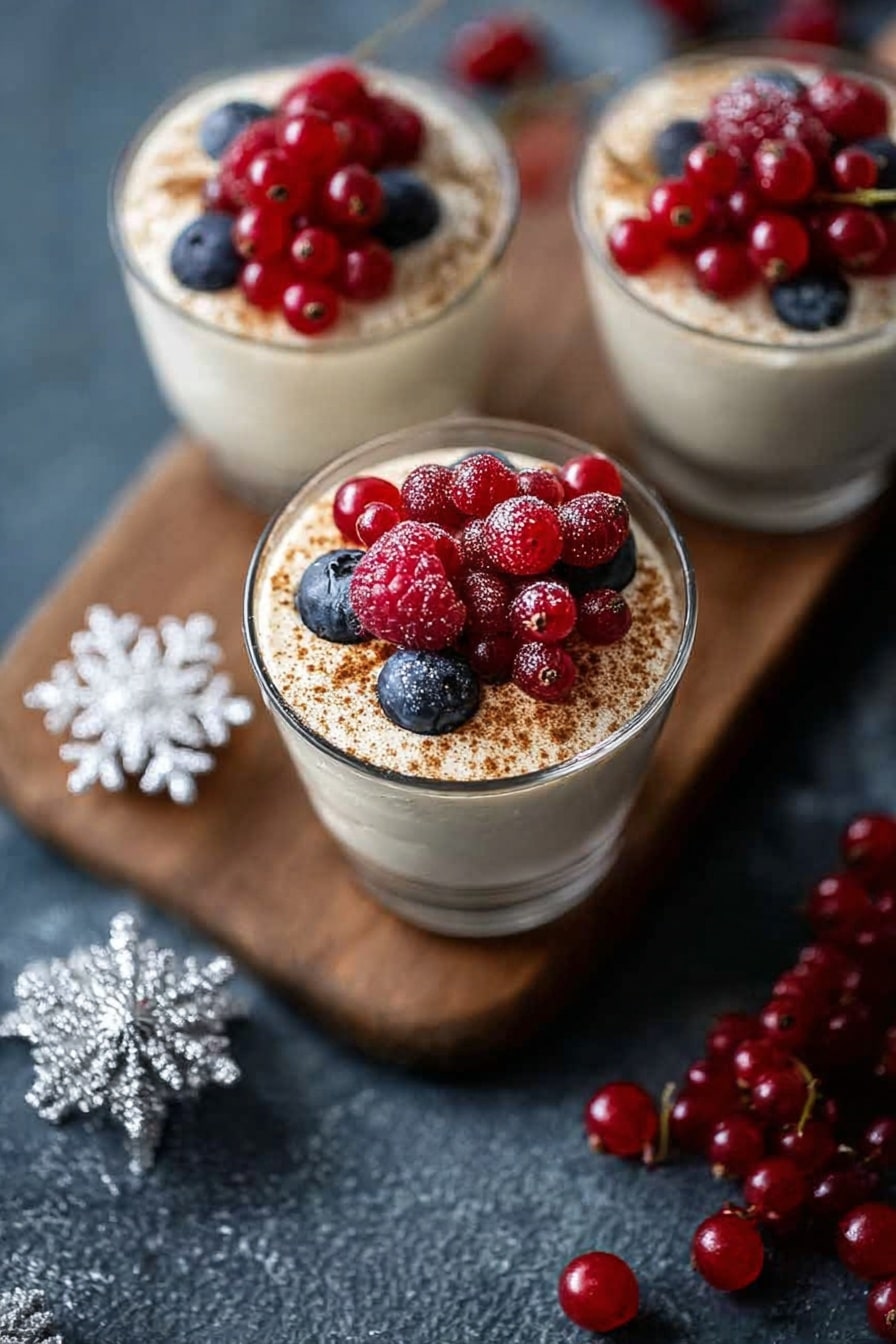 No Bake EggNog Berry Cheesecake, holiday no bake cheesecake, festive berry dessert, easy eggnog dessert, Christmas no bake cheesecake - Three clear glass cups each hold a creamy white dessert topped with a dusting of cinnamon and a cluster of fresh red raspberries, dark blueberries, and red currants. The dessert looks soft and smooth, forming the base layer under the fruits. Two cups sit on a wooden board, while the third is placed directly on a dark textured surface, scattered with extra red currants nearby. A shiny white snowflake decoration is visible on the left side of the image. The scene is bright with soft natural light coming from the side. photo taken with an iphone --ar 2:3 --v 7