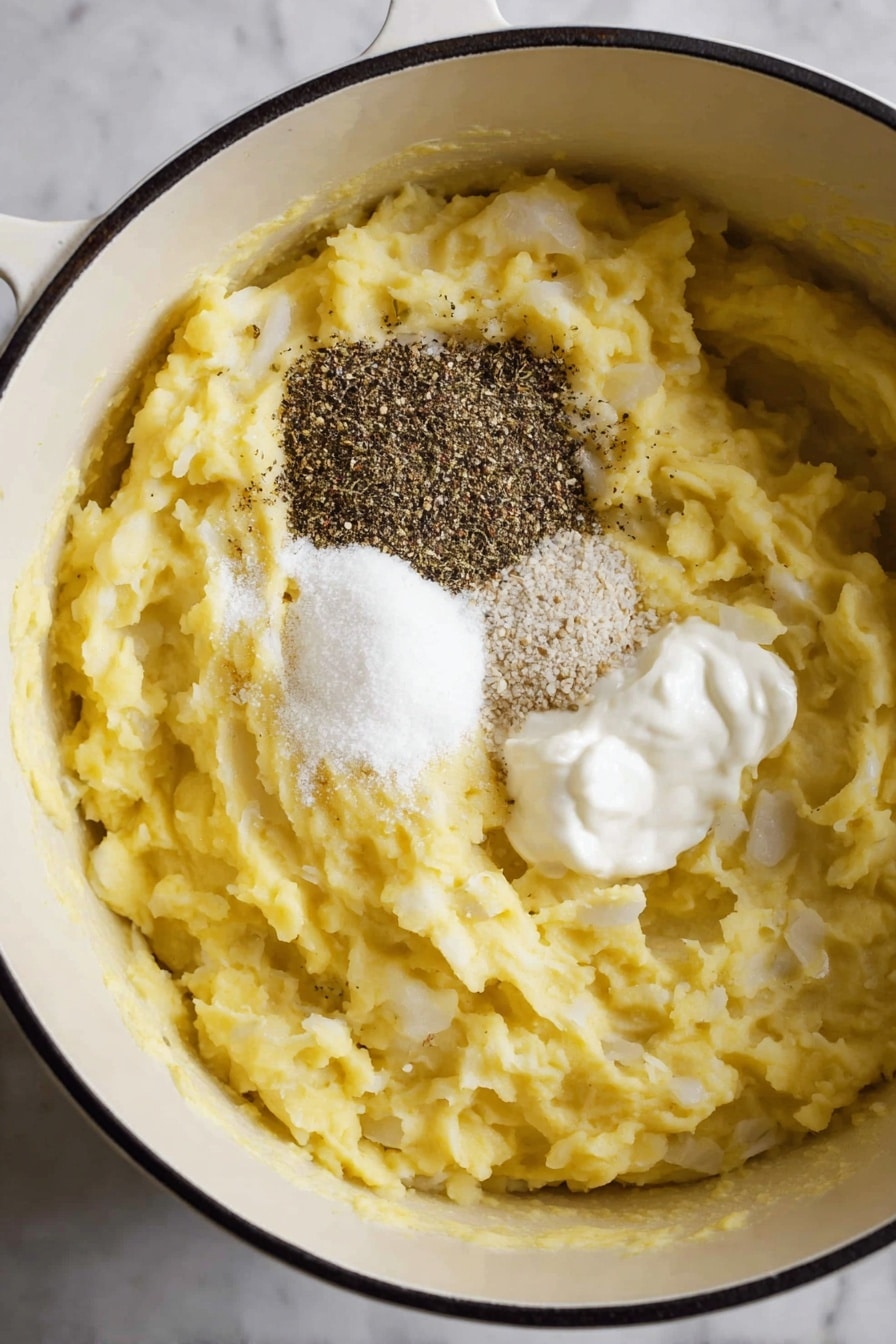 Mashed Potatoes, Best Mashed Potatoes Recipe, Creamy Mashed Potatoes, Garlic Mashed Potatoes, Perfect Mashed Potatoes - Inside a white pot with a black rim, there is a thick layer of light yellow mashed potatoes with a smooth, creamy texture and some small lumps. On top of the mashed potatoes, there is a small but distinct dollop of white sour cream, surrounded by two piles of seasonings: one pile of fine white salt and another pile of coarse black pepper, both sitting close together near the center. The pot rests on a white marbled surface. Photo taken with an iphone --ar 2:3 --v 7