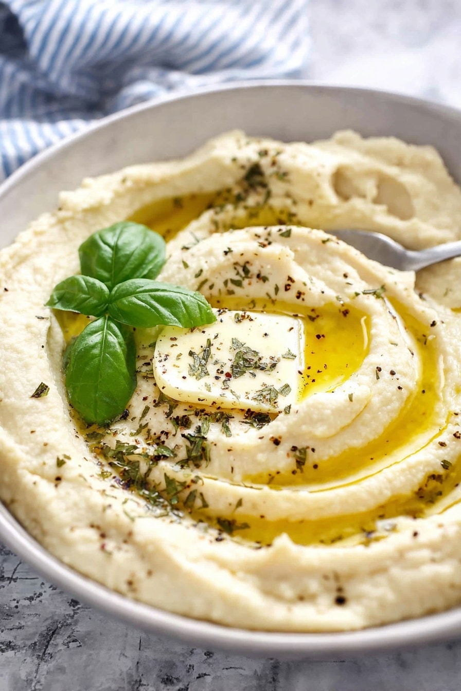 Cheesy Baked Mashed Potatoes, cheesy mashed potatoes, baked mashed potato side dish, creamy garlic mashed potatoes, cheesy potato casserole - A close-up view of a white bowl filled with creamy hummus forming soft swirls, with a pool of golden olive oil settled on one side. On top, a square pat of butter melts slowly, sprinkled with dried herbs and small dark specks scattered across the hummus. Fresh basil leaves add a bright green color, with one leaf holding a small amount of dried seasoning. The bowl sits on a white marbled surface with a blurred blue and white striped cloth in the background, and a spoon partially visible in the hummus. Photo taken with an iphone --ar 2:3 --v 7